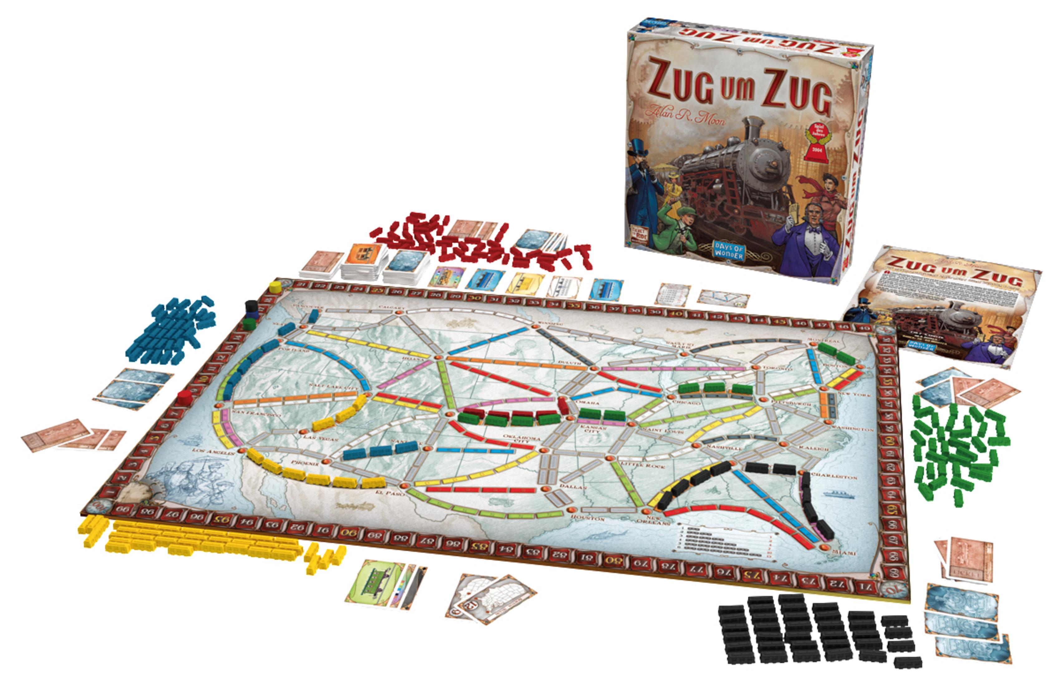 Eine Brettspielbox mit einer Zugillustration, Spielsteinen und einem Spielbrett.