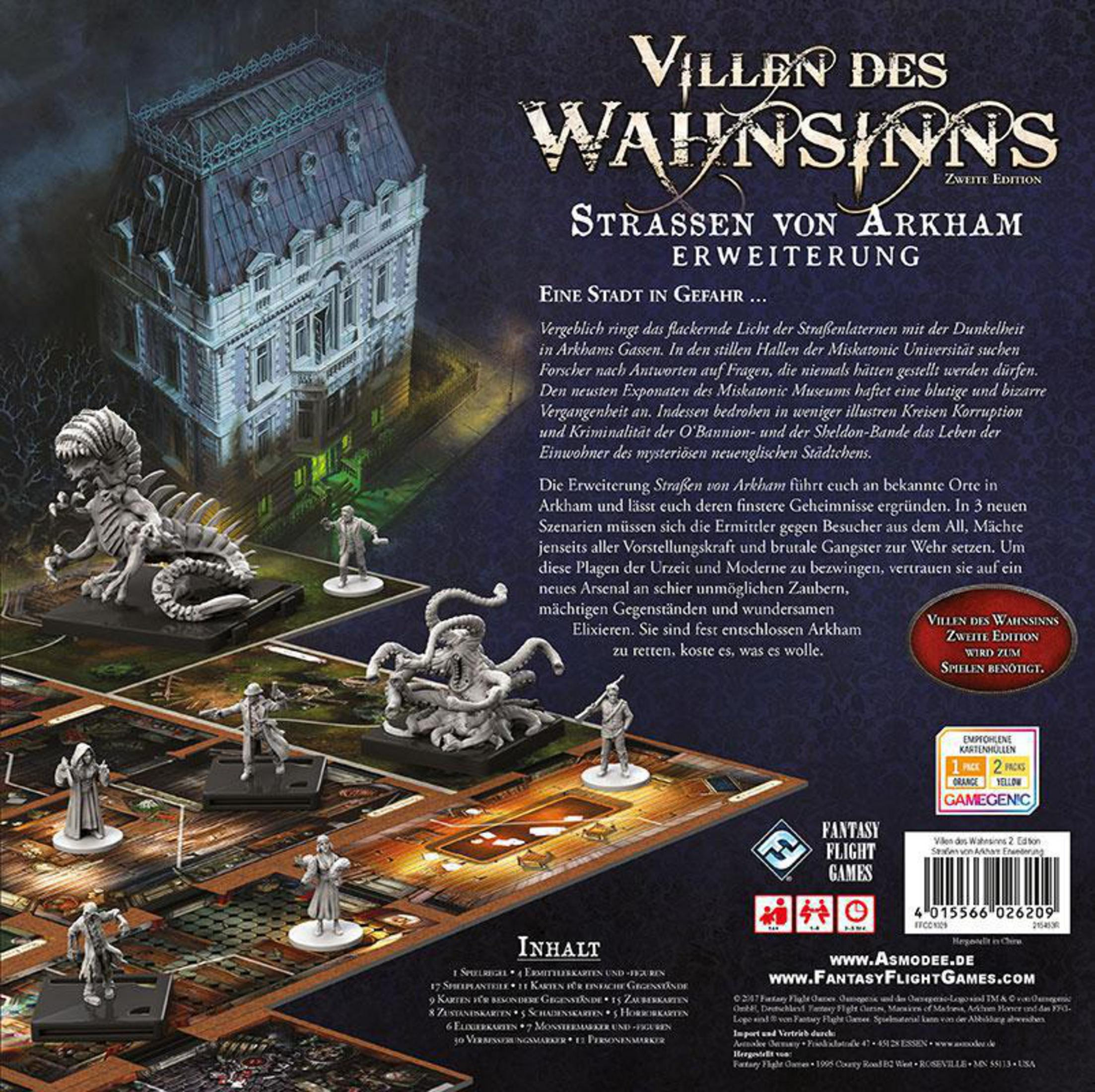Brettspielbox mit Fantasy-Art, Figuren und Text. Eine dunkle Stadtszene zeigt die Spielumgebung.