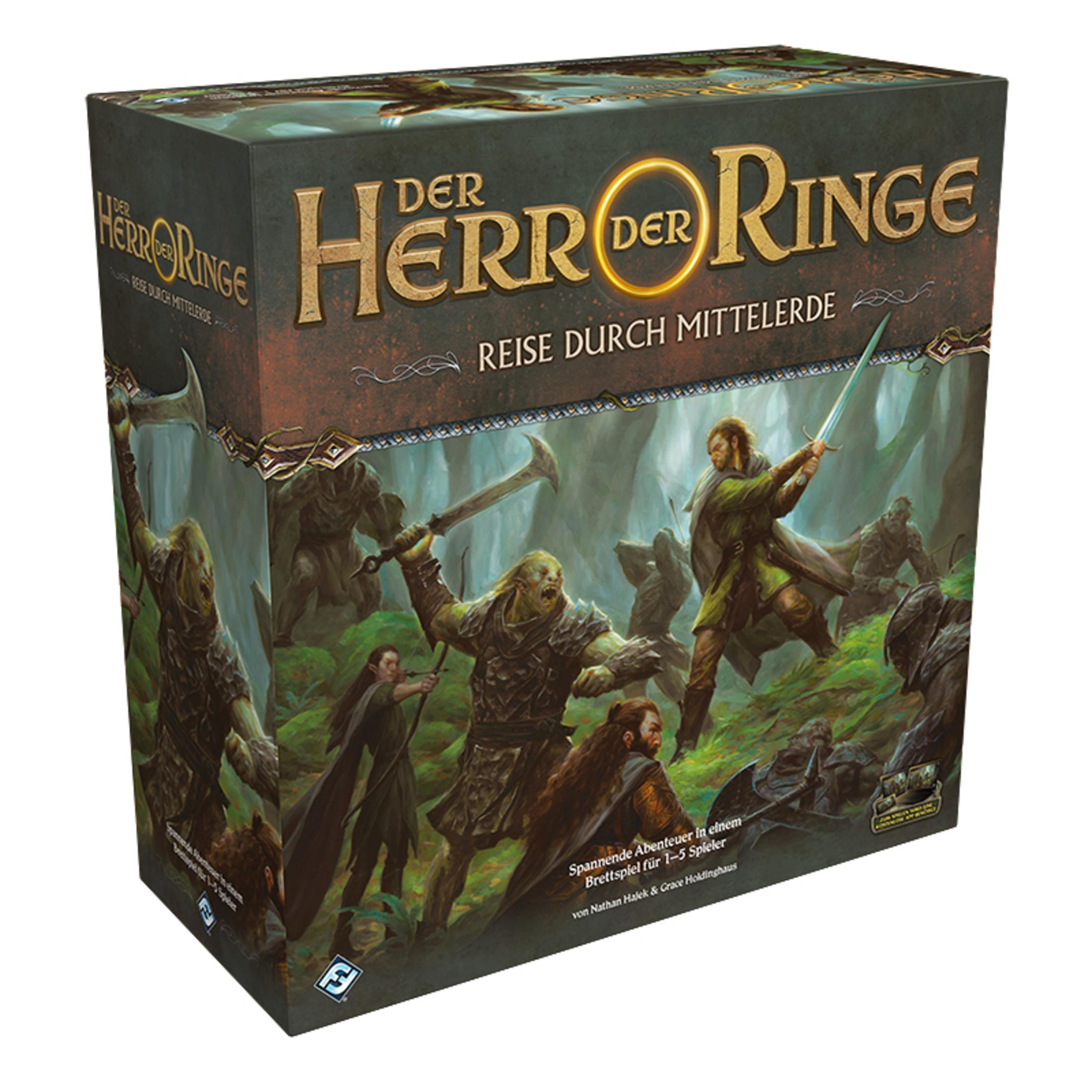 Spielbox für 'Der Herr der Ringe' mit Artwork, das Charaktere in Aktion vor einer Fantasy-Kulisse zeigt.