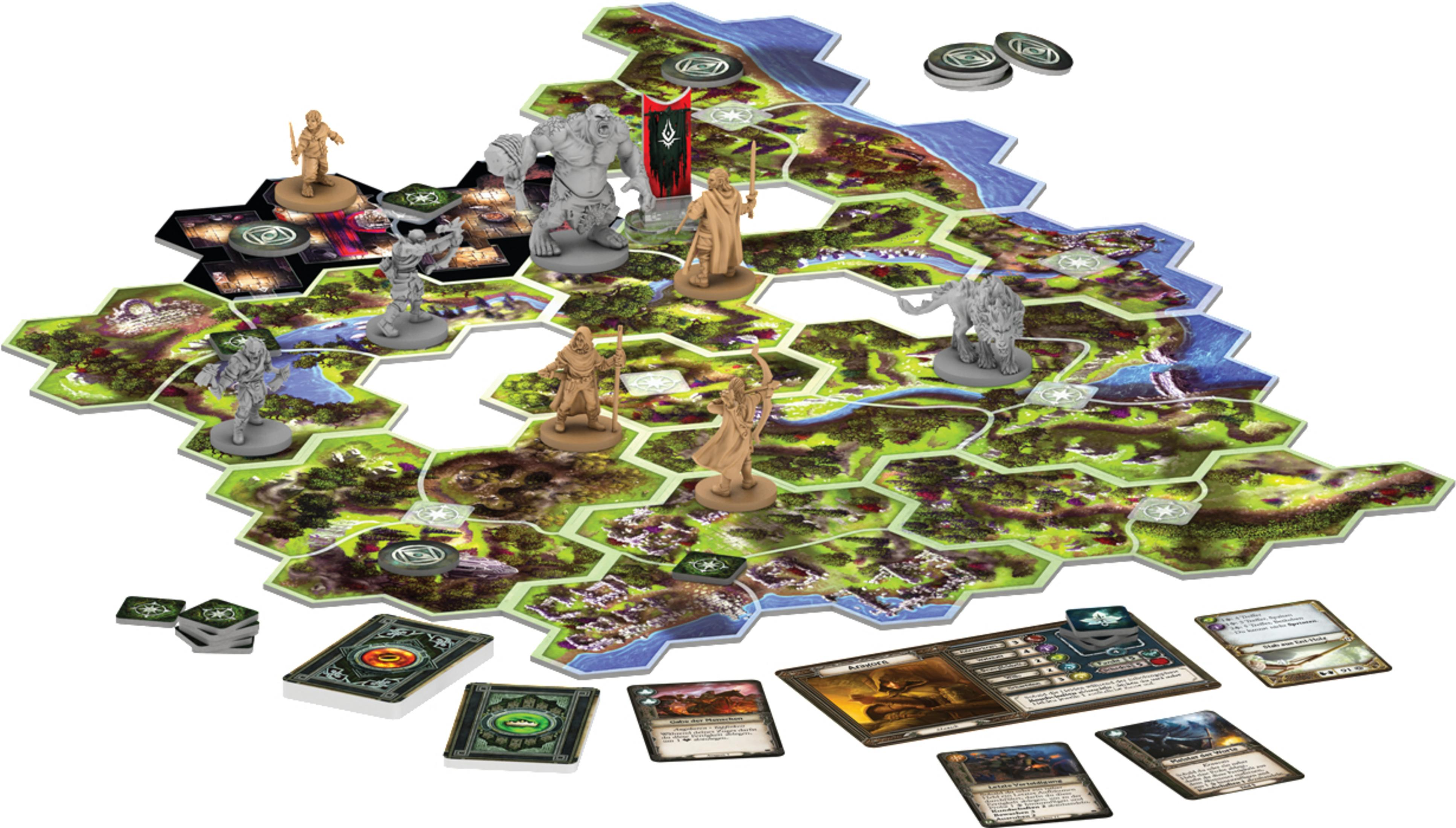 Ein Fantasy-Brettspiel mit sechseckigen Spielplättchen und Spielfiguren.