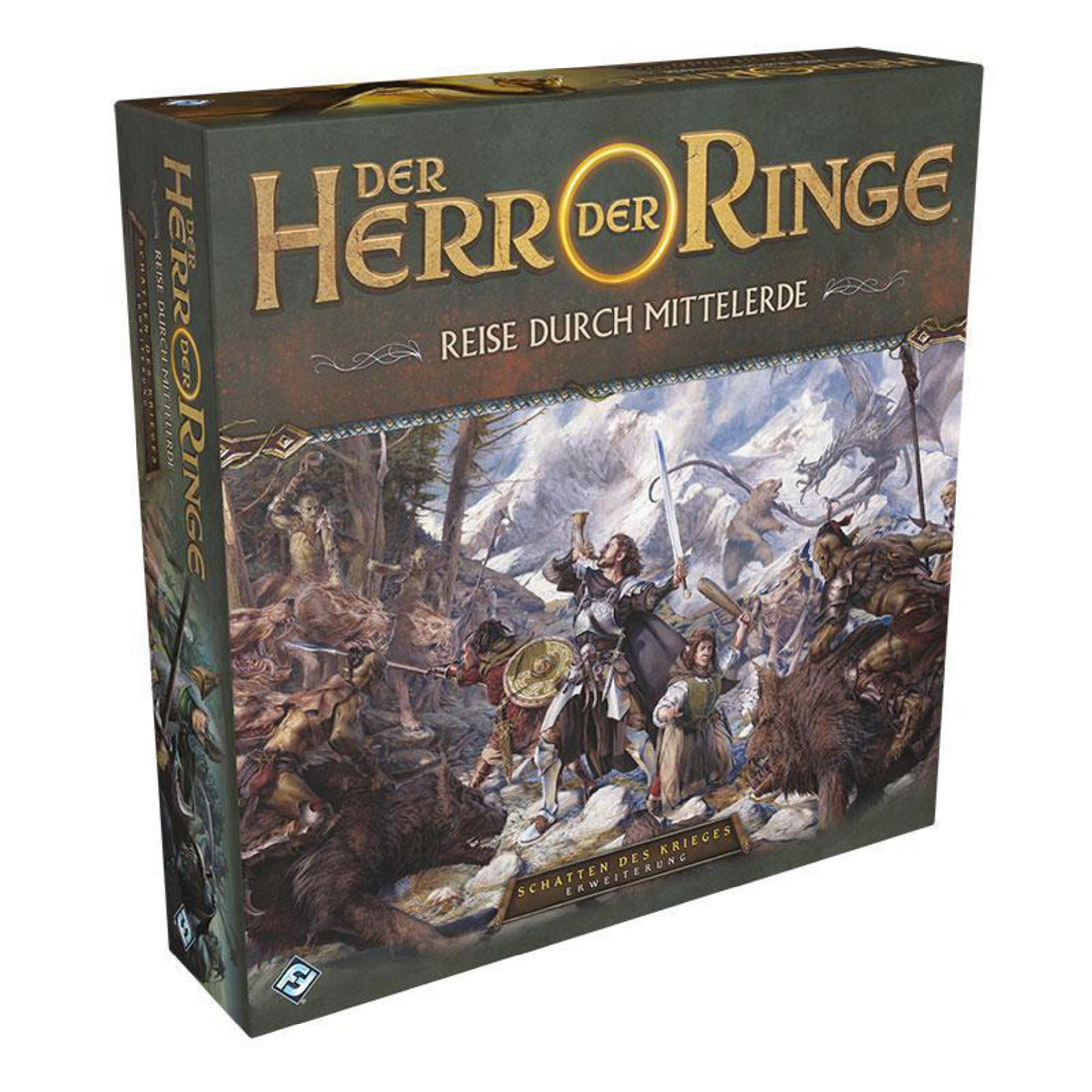 Die Herr der Ringe Brettspielbox, die eine Kampfszene mit Figuren und einem dunklen Hintergrund zeigt.