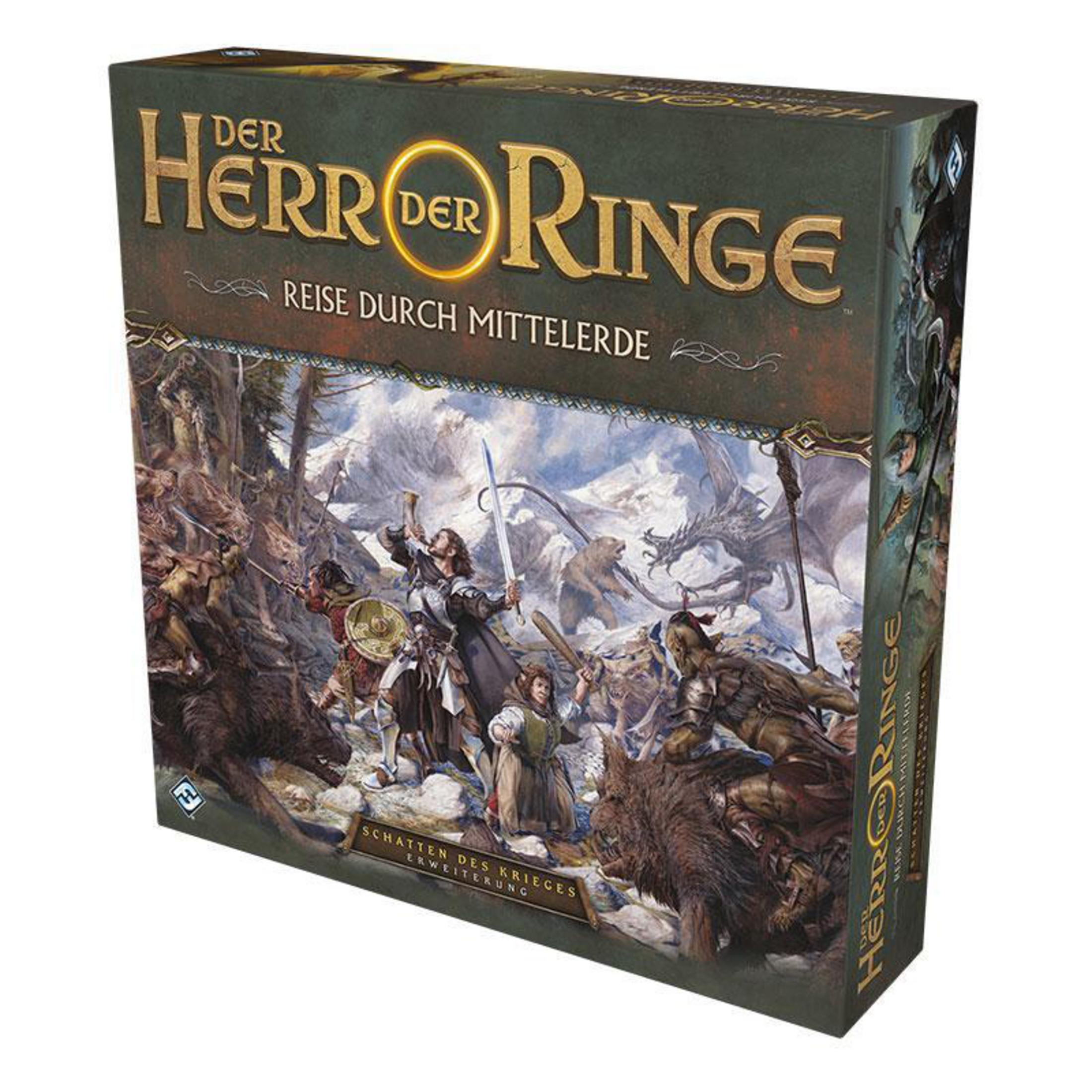 Brettspielbox von 'Der Herr der Ringe - Reise durch Mittelerde', zeigt eine Kampfszene mit Figuren.
