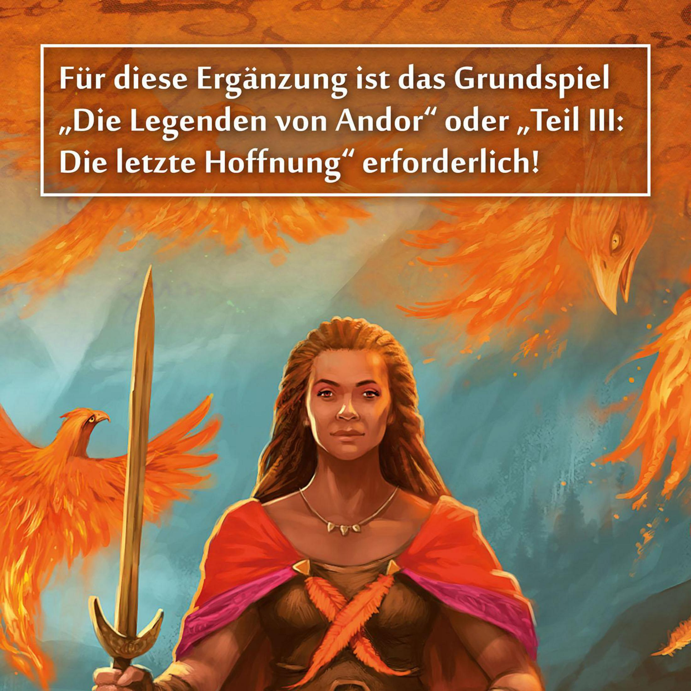 Frau mit Schwert und Phoenixflügeln, Text oben: „Die Legenden von Andor“.