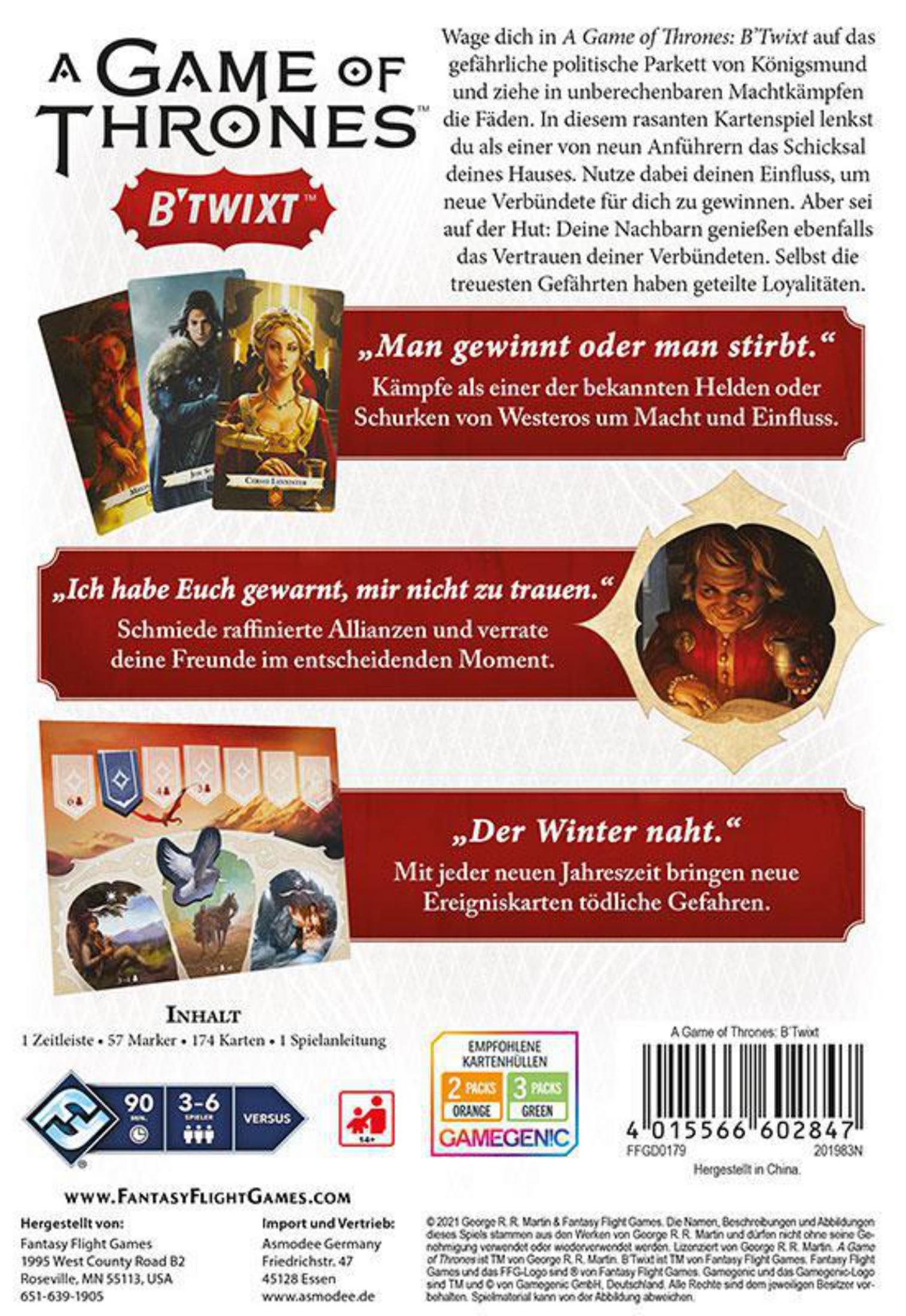 Game of Thrones Kartenspielbox mit verschiedenen Charakteren und Anweisungen.