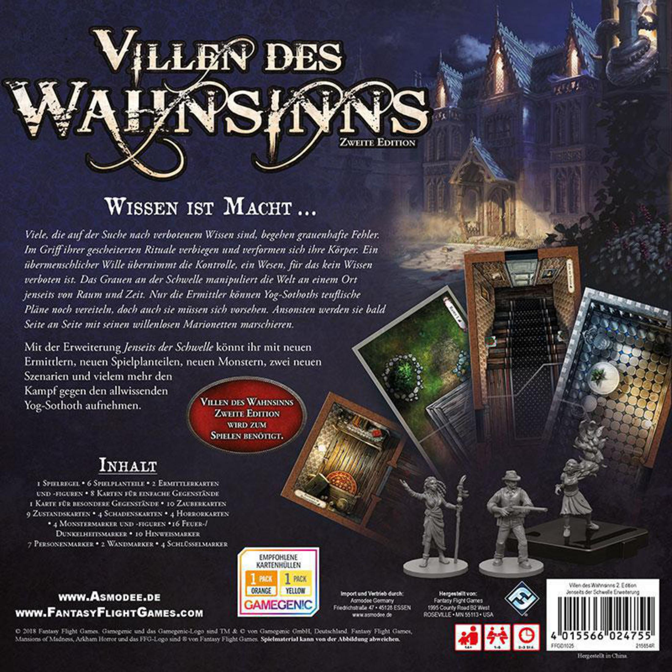 Spielbox mit Text und Bildern. Zeigt dunkles, gotisches Gebäude und Figuren.