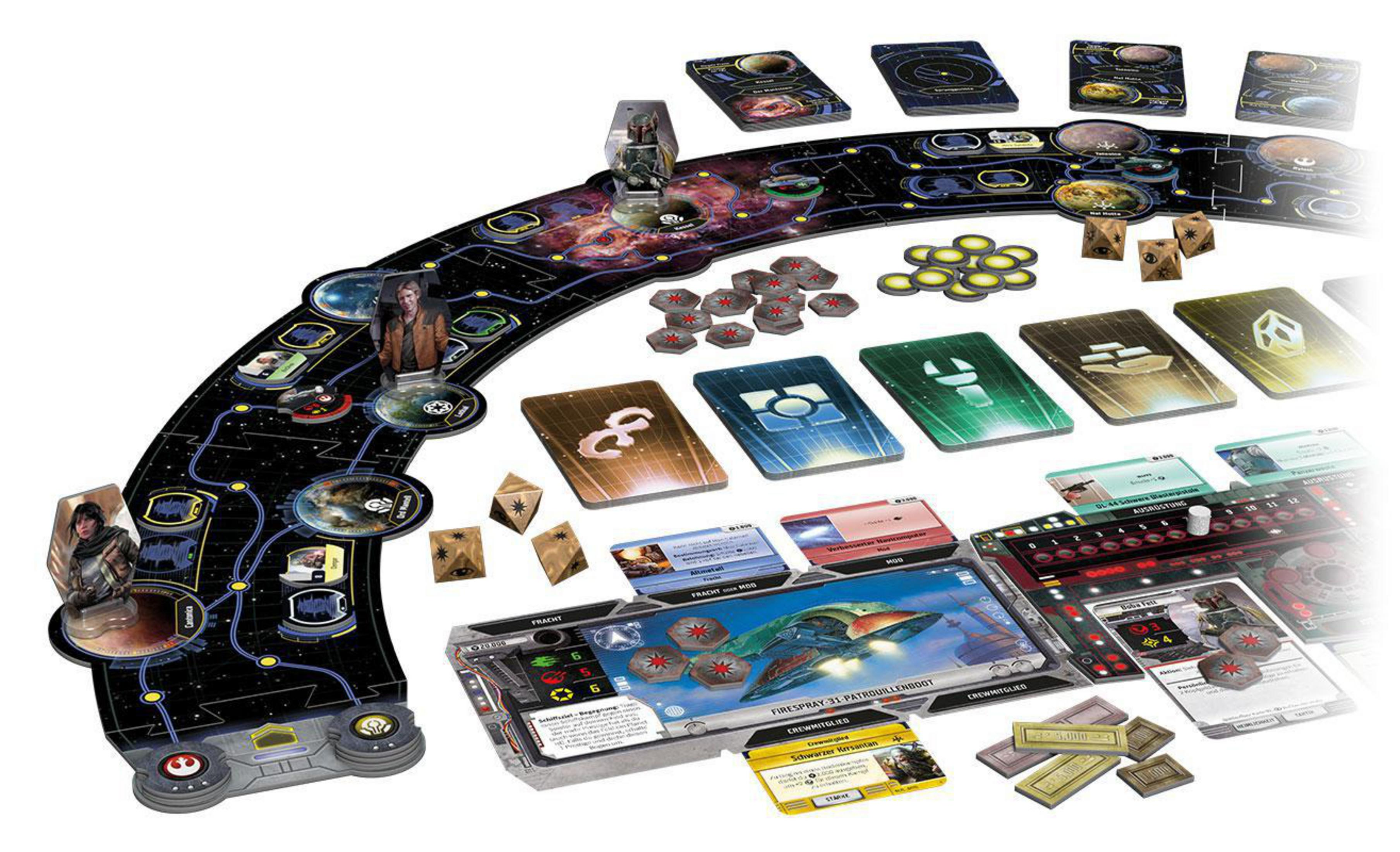 Brettspiel mit Weltraumthema. Spielbrett, Karten und Spielsteine sind sichtbar.