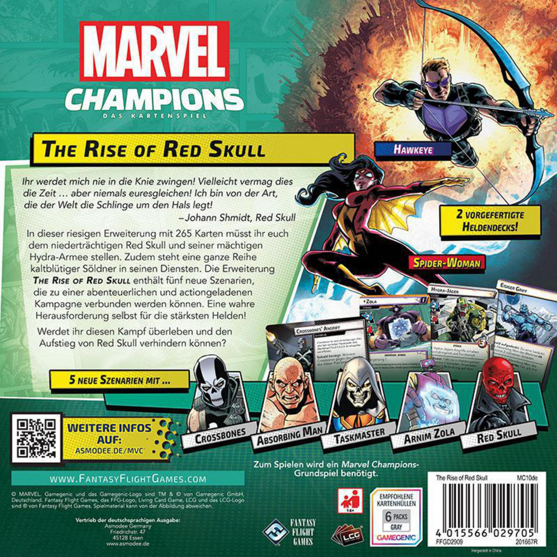 Marvel Champions Kartenspiel-Box. Die Box zeigt Hawkeye, Spider-Woman, Red Skull und andere Charaktere.