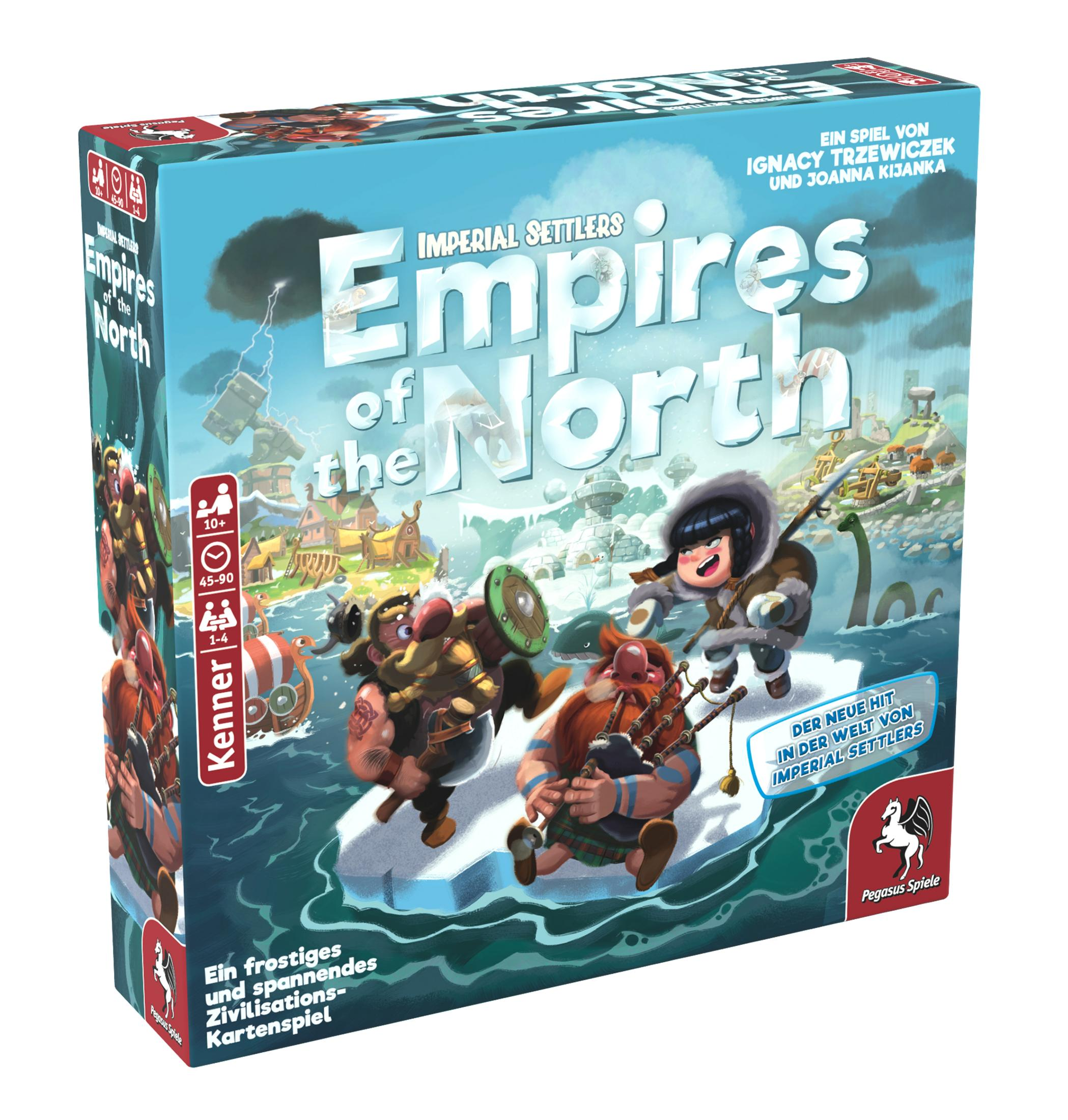 Brettspielbox mit Illustrationen von Wikingern, einer verschneiten Landschaft und Text.
