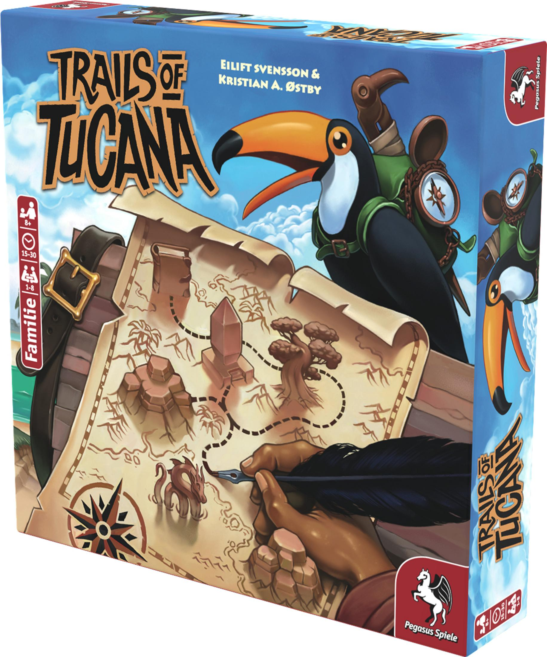 Brettspielbox mit einem Tukan, einer Karte und einem Kompass, betitelt "Trails of Tucana".