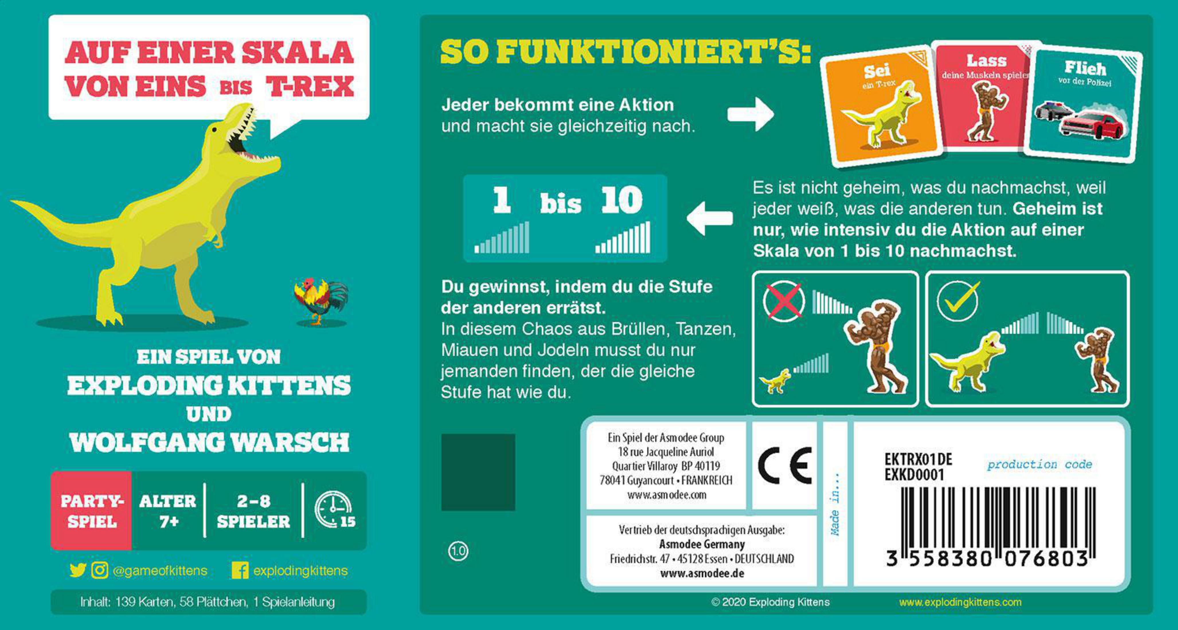 Die Exploding Kittens Kartenspielbox mit einem Dinosaurier und einem Hahn, mit deutschem Text.