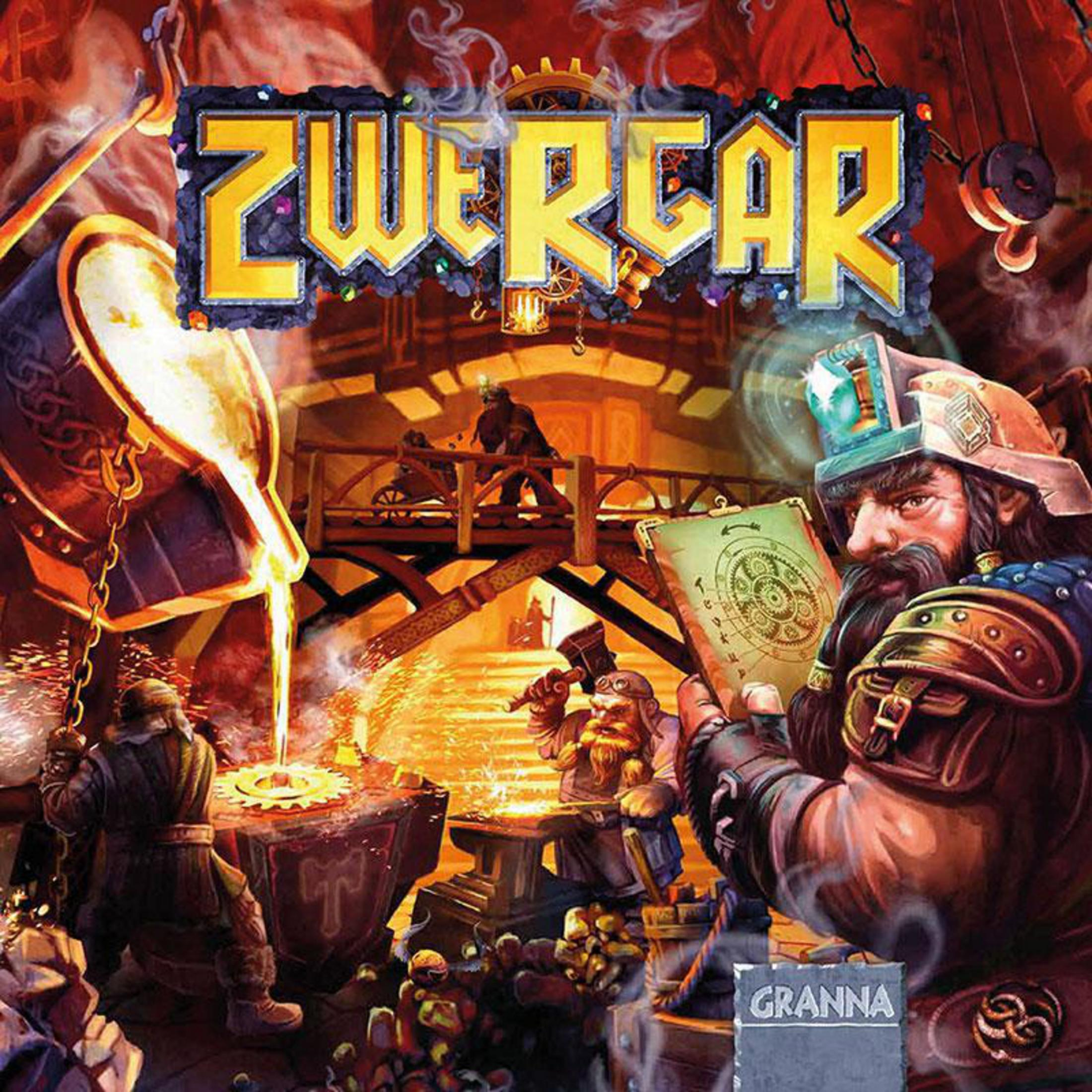 Brettspielbox mit dem Titel 'Zwergcar'. Es zeigt Zwergfiguren, eine Schmiede und die Marke Granna.