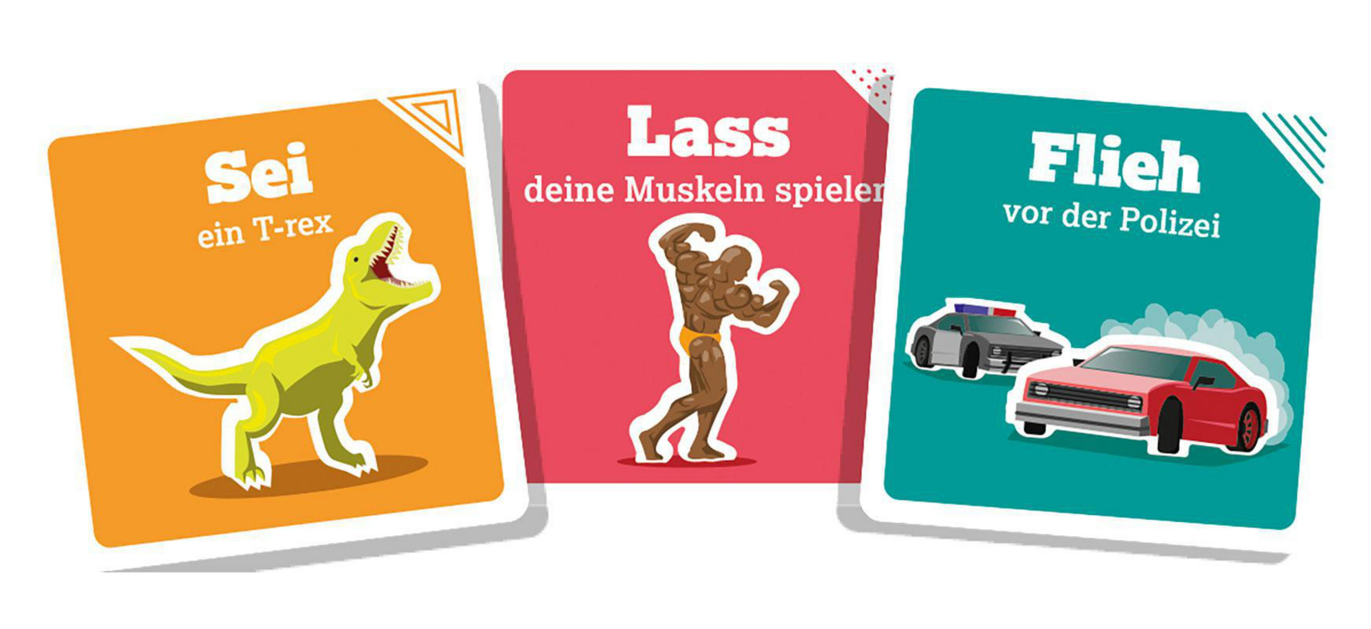 Drei Karten: ein T-Rex, ein Bodybuilder und zwei Autos, mit deutschem Text.