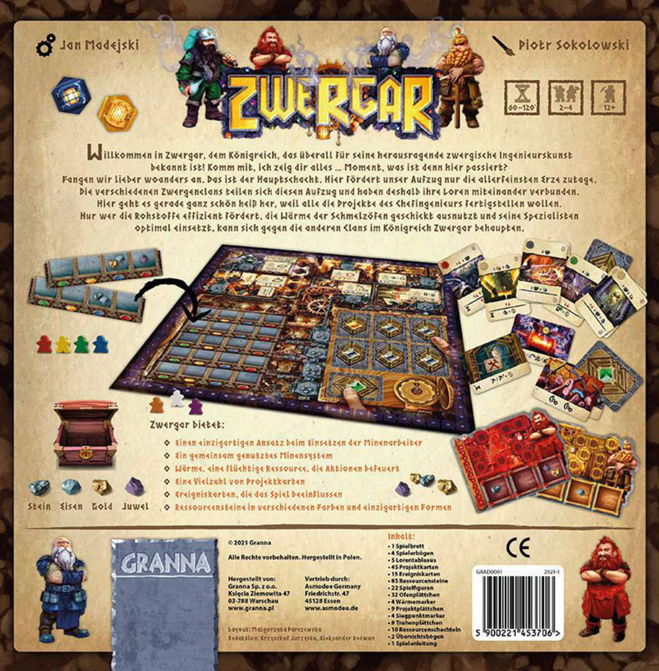Brettspiel mit bunten Komponenten und einem Spielbrett mit Text.