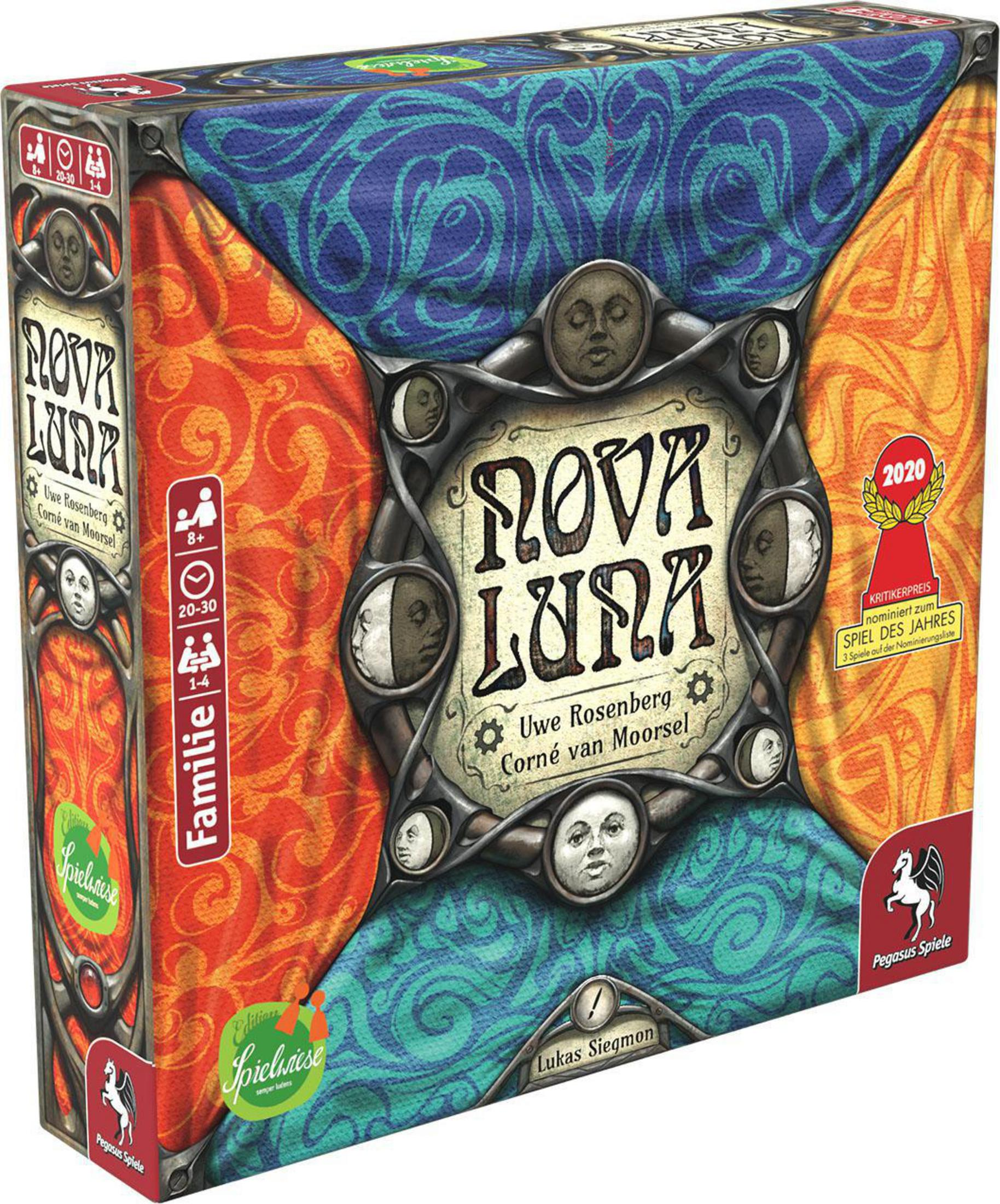 Ein Brettspielkasten mit dem Titel "Nova Luna" mit verschiedenen farbenfrohen abstrakten Designs und Spieldetails.