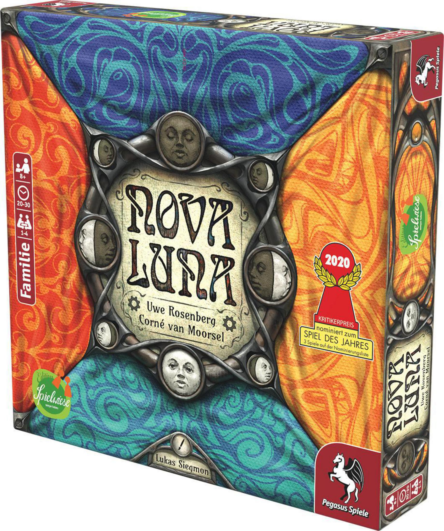 Brettspielbox mit dem Titel Nova Luna. Bunte Box mit einem Emblem. Ein Pegasus Spiele-Logo ist sichtbar.