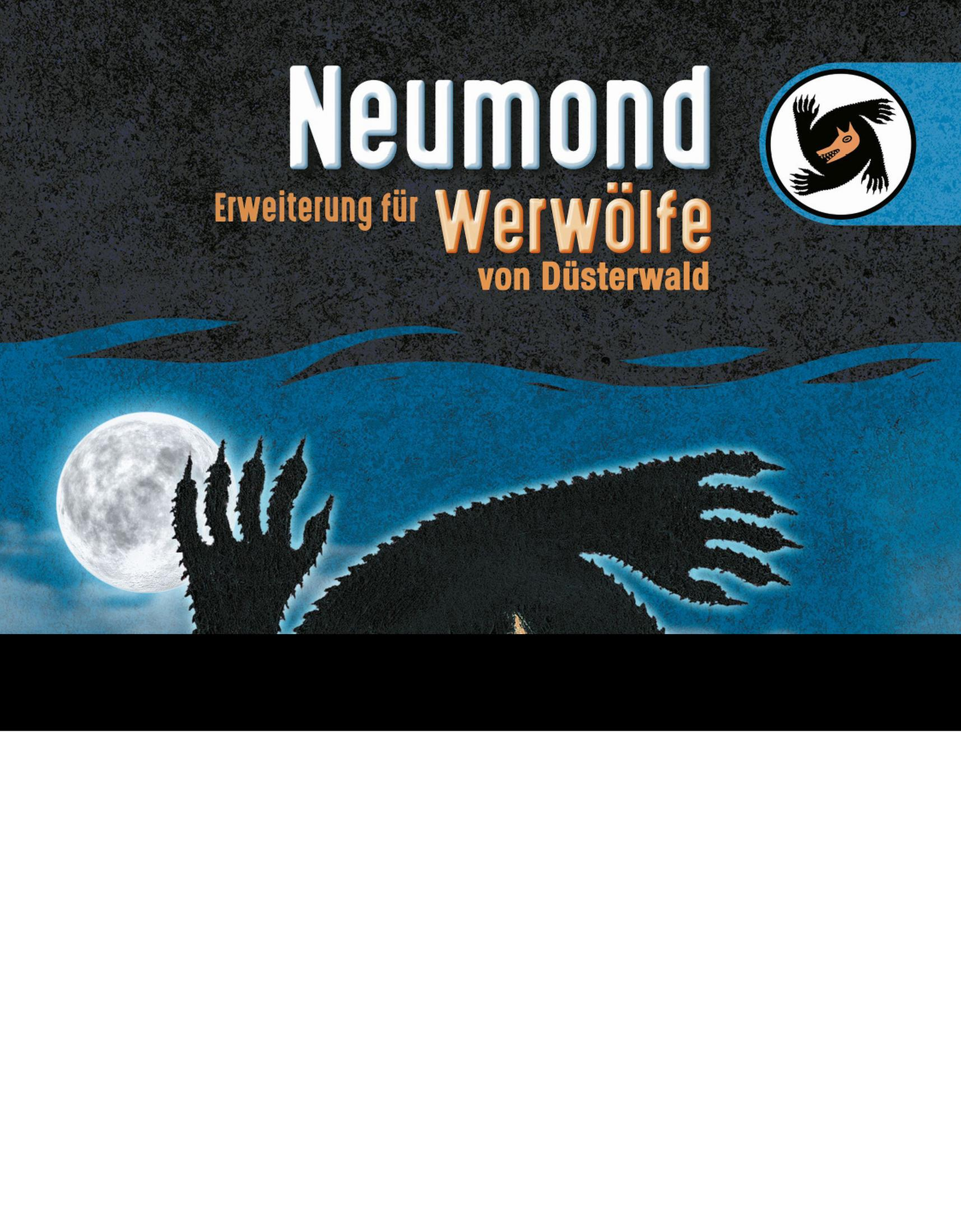 Dunkelblauer Hintergrund mit Werwolfklaue und Vollmond, Titel ist Neumond Werwölfe.