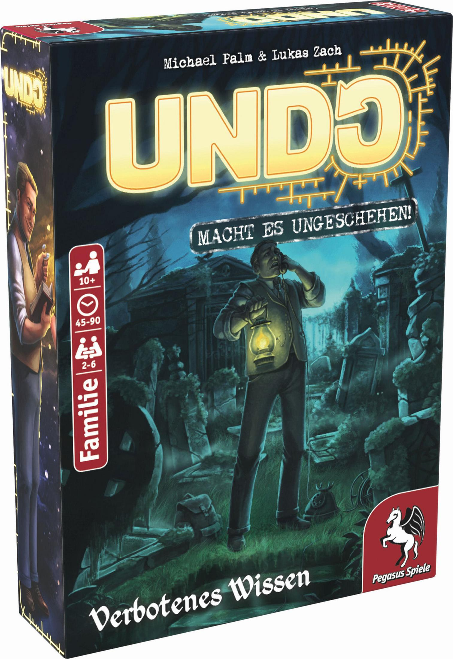 Eine Brettspielbox mit dem Titel UNDO. Eine Person mit einer Laterne steht vor einem Friedhof. Pegasus-Logo sichtbar.
