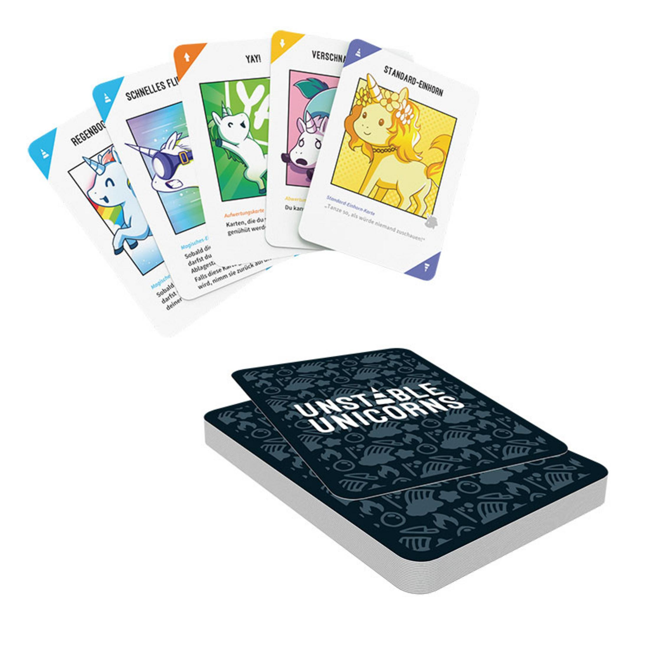 Unstable Unicorns Kartenspiel. Karten ausgebreitet und ein Stapel Karten. Bunte Illustrationen.