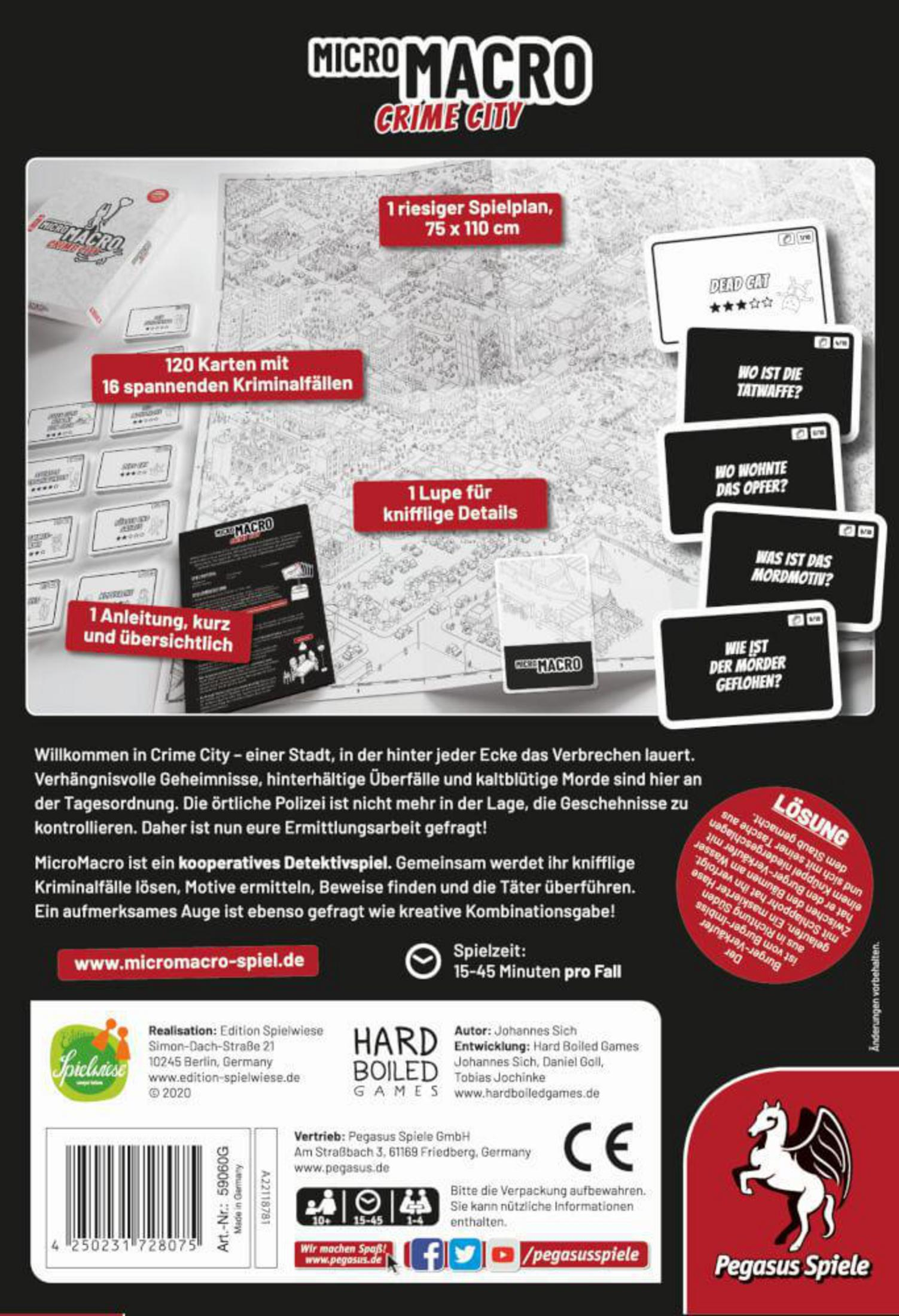 Die Rückseite einer Spielbox mit Text und Bildern zu einem Detektivspiel.