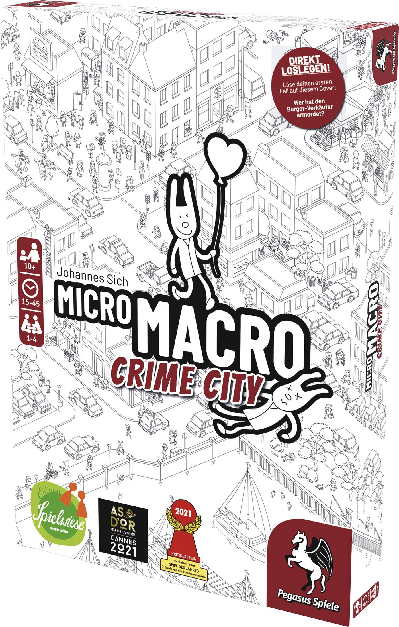 Schachtelkunst für ein Brettspiel mit Cartoon-Stadtlandschaft und Figuren, Text auf Deutsch.