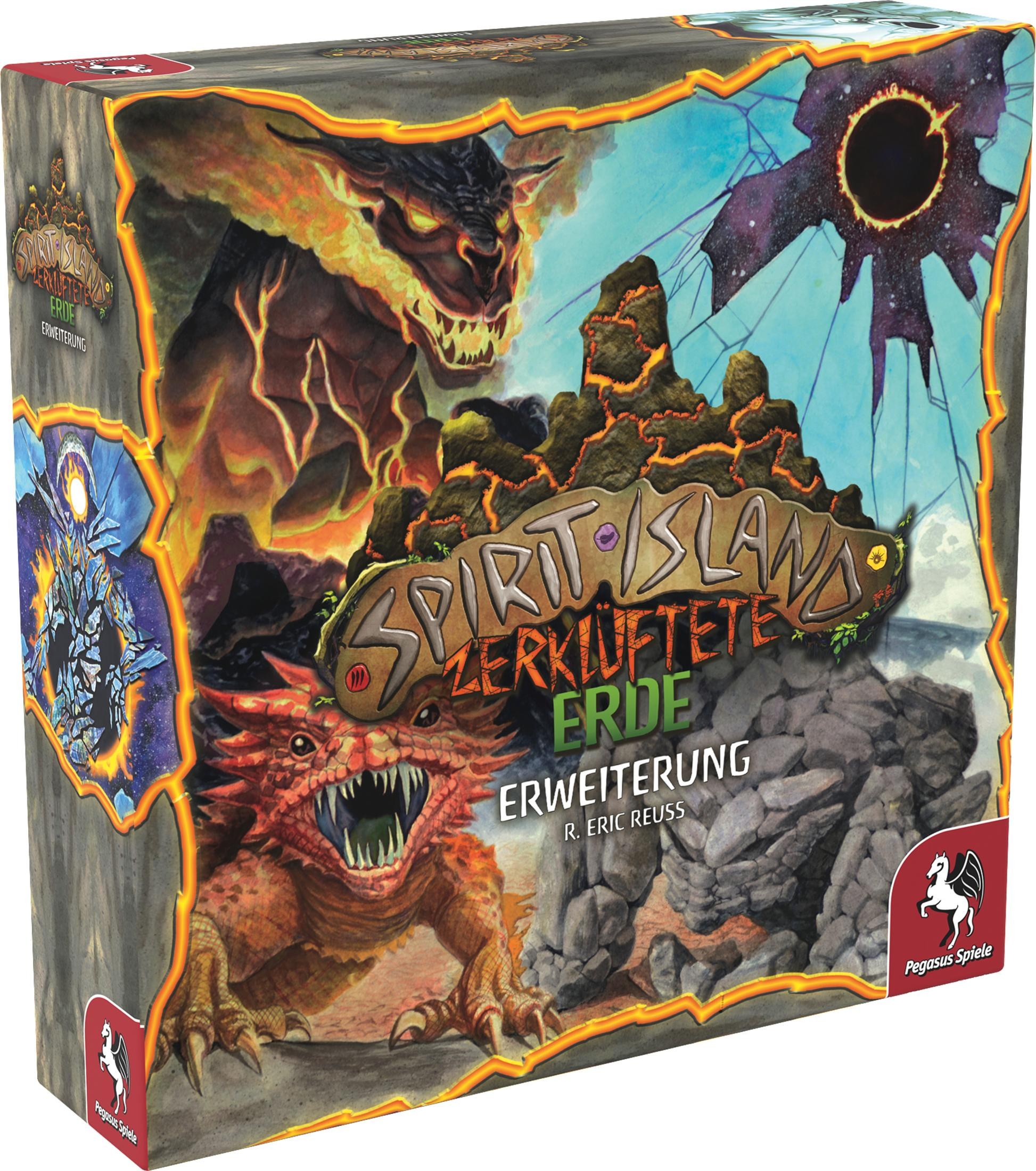 Caja del juego de mesa Spirit Island: Expansión Tierra Dentada, con imágenes de dragones y fuego.