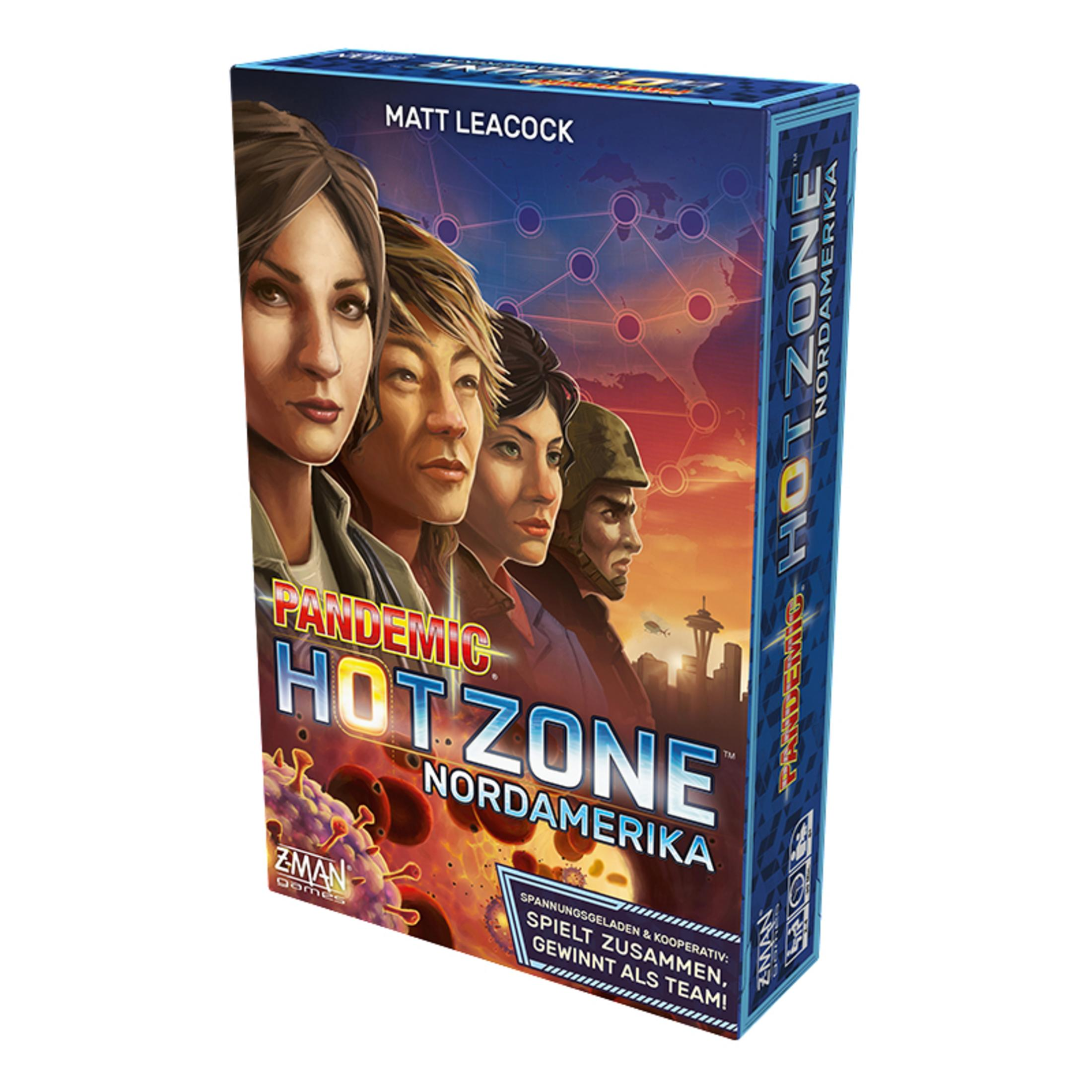 Schachtel des Pandemic Hot Zone Brettspiels, das vier Personen zeigt. Die Schachtel hat Text auf Deutsch und das ZMan Games Logo.