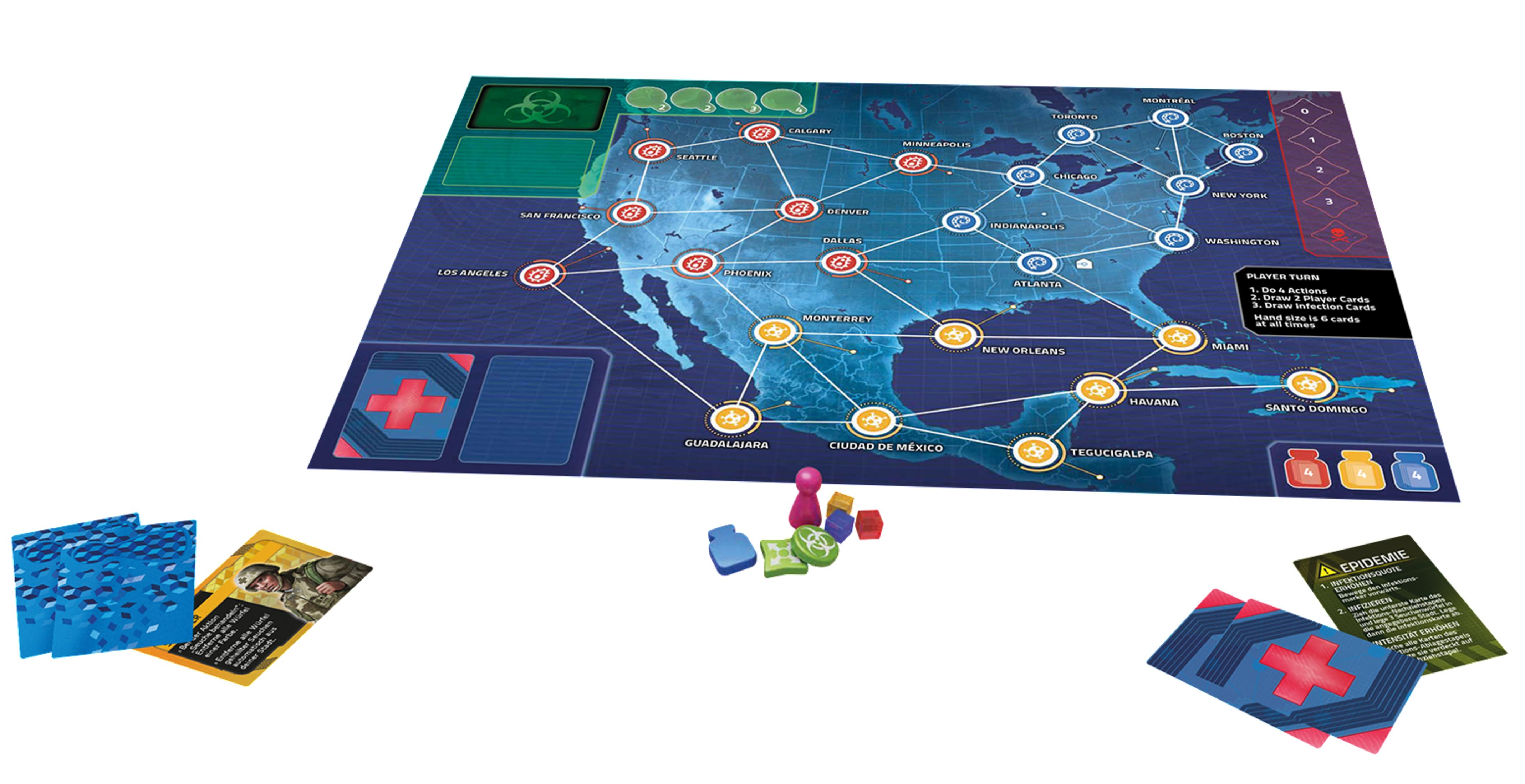 Pandemie-Brettspielkomponenten. Eine Karte der USA mit farbigen Punkten, Karten und Spielerfiguren.