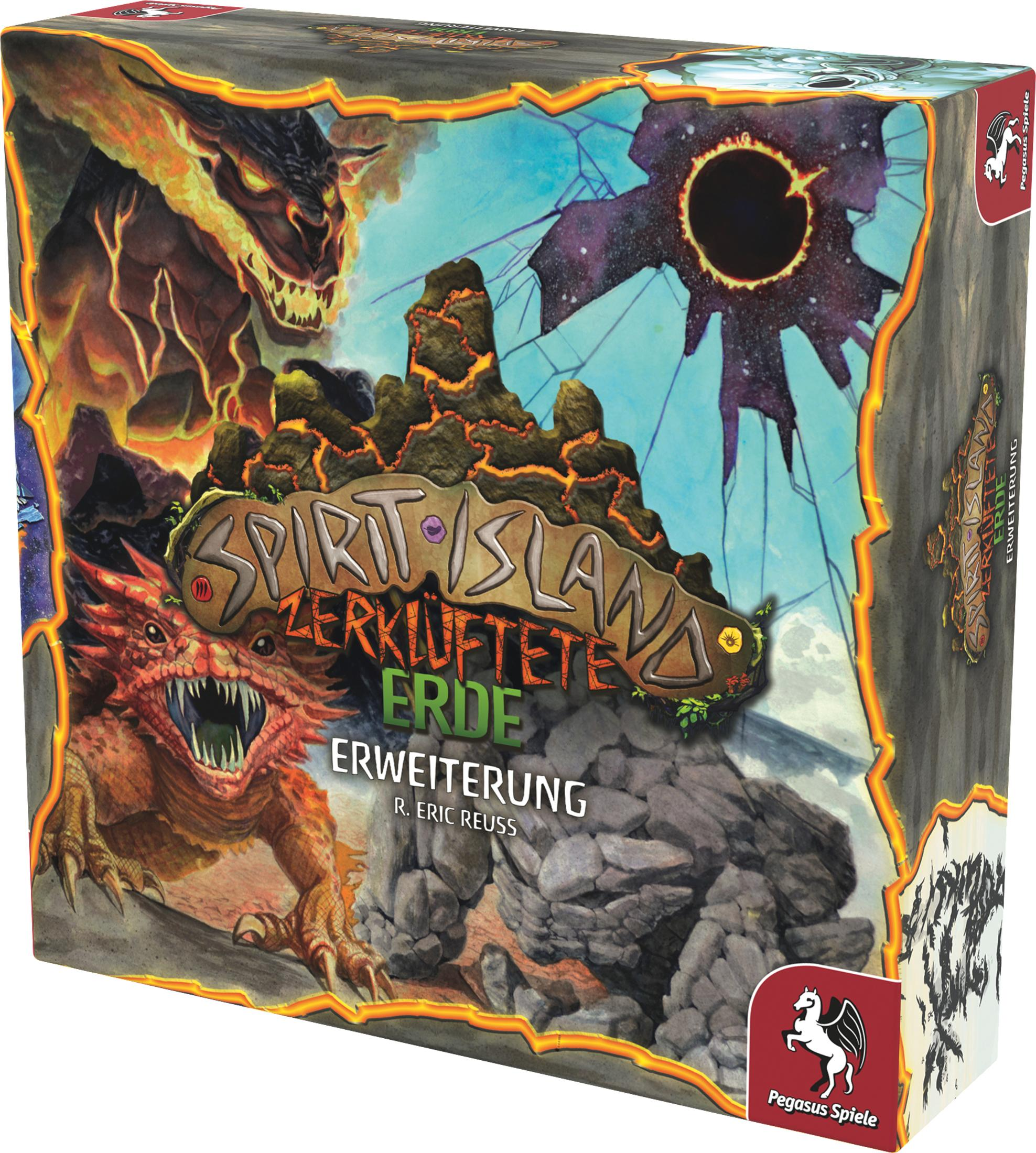 Caja de juego de mesa con ilustraciones de fantasía. Un dragón y formaciones similares a lava son visibles.