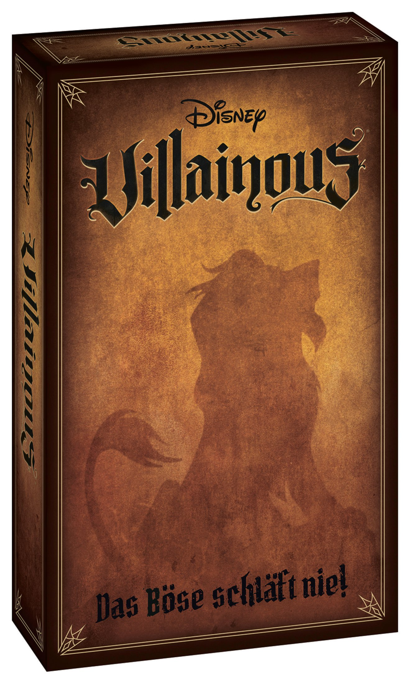 Brettspielbox mit dem Titel "Villainous" und einer Silhouette eines Löwen.