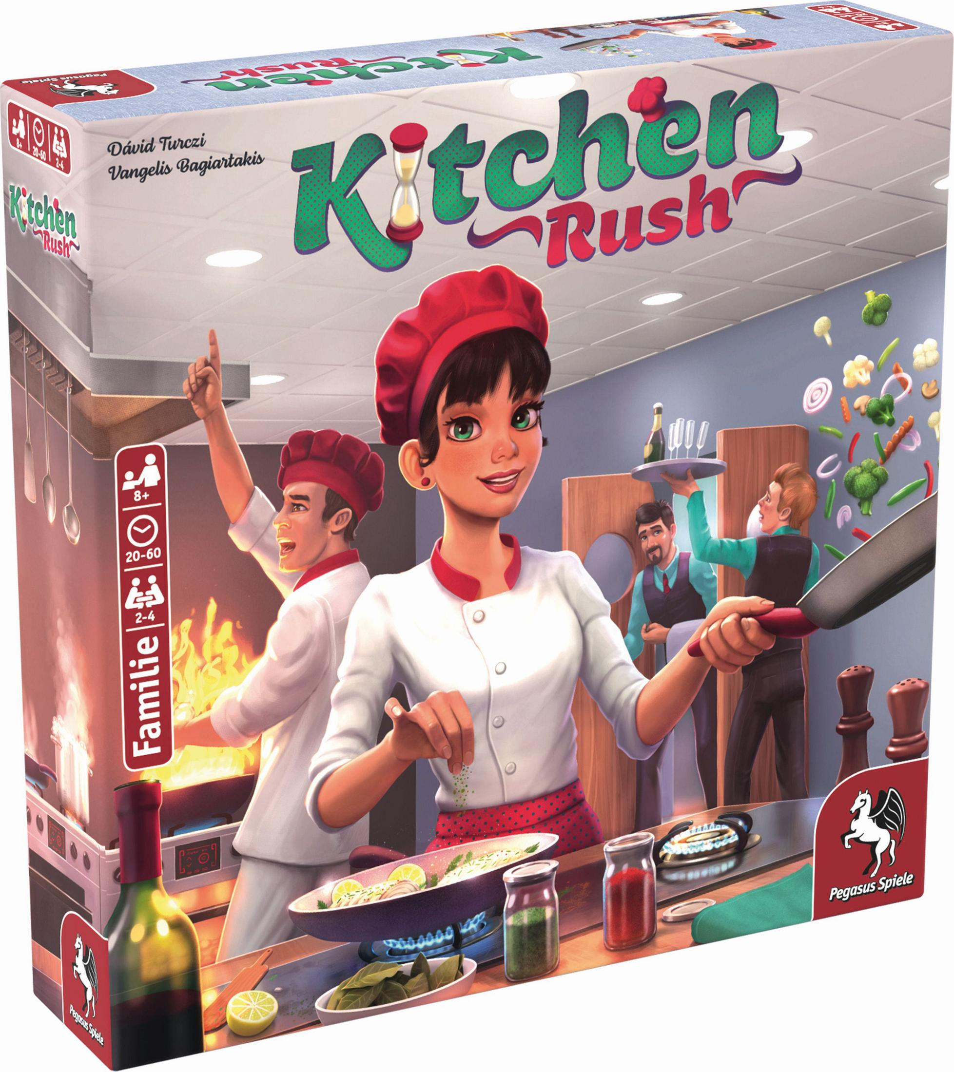 Brettspielbox, 'Kitchen Rush', zeigt einen Koch und andere Personen in einer Küchenumgebung, farbenfroh und einladend.