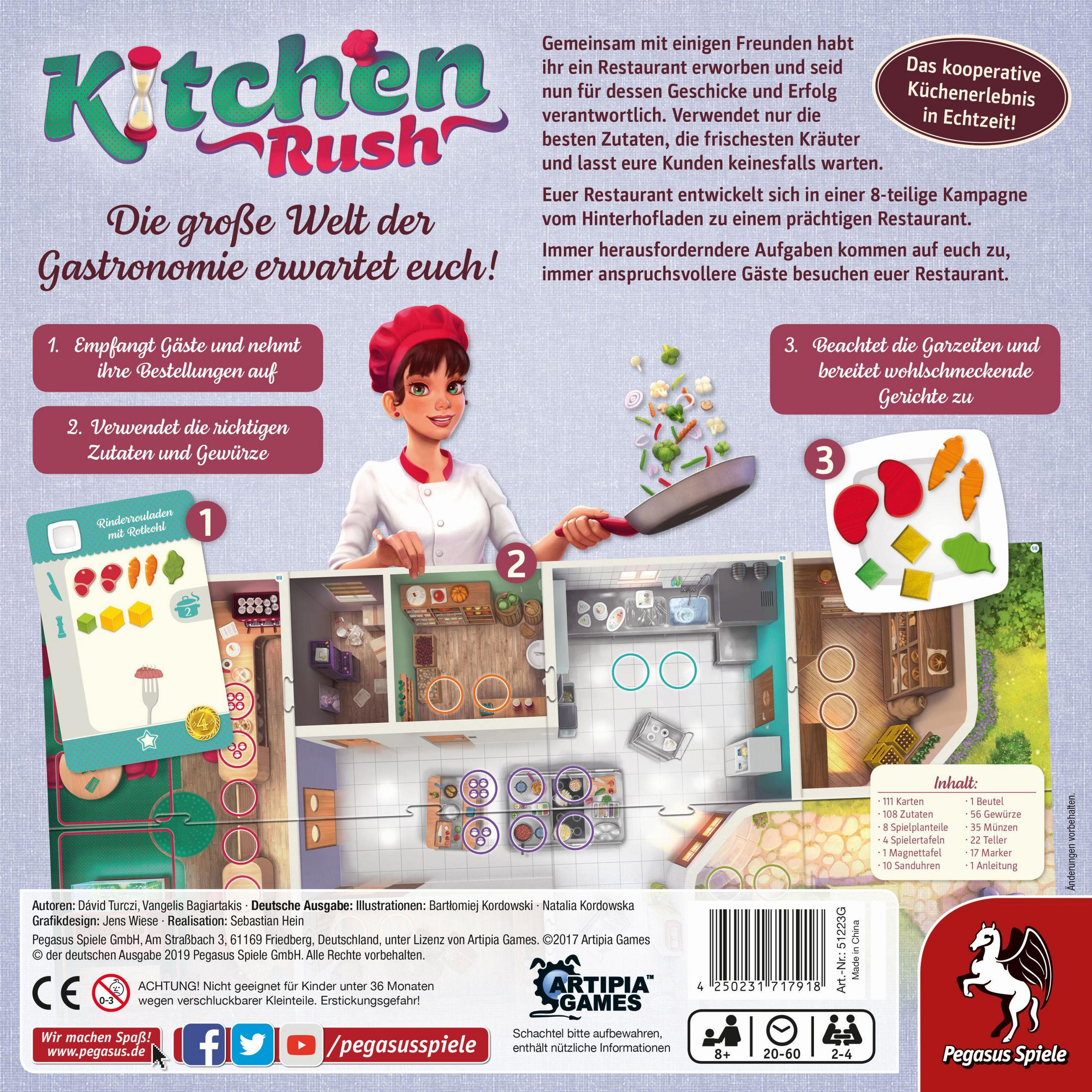 Spielbox mit Koch, Lebensmitteln und dem Spielnamen: Kitchen Rush.