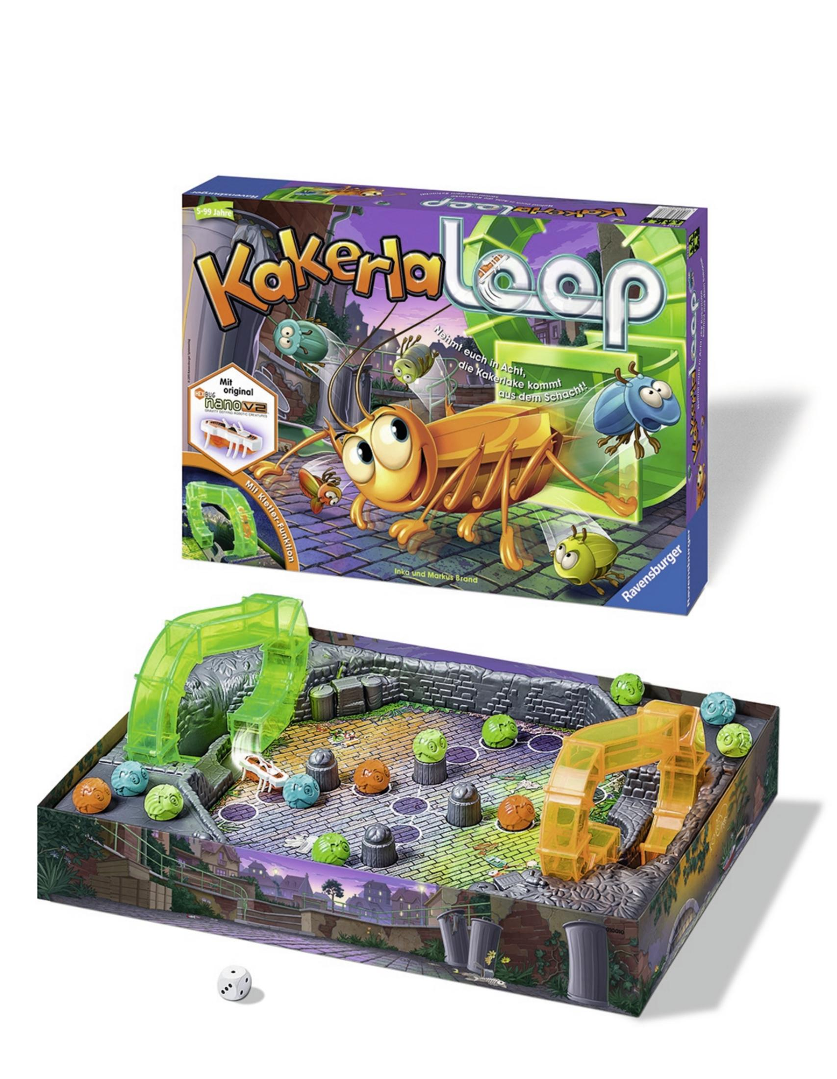 Gioco da tavolo con una cavalletta, componenti e una scatola con titolo. Colori verde e marrone.