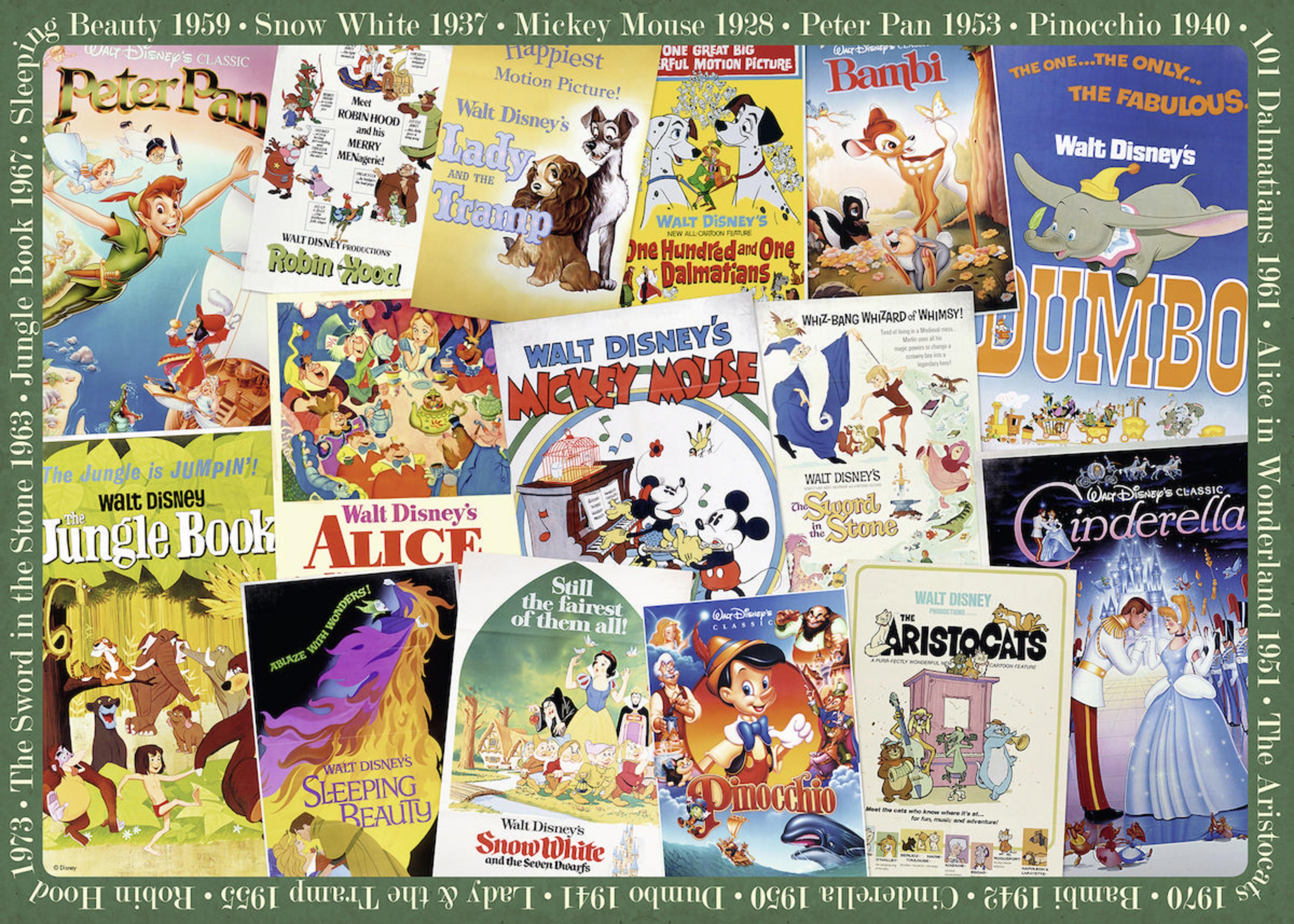 Eine Collage von Disney-Filmcovern aus verschiedenen Jahren, darunter Micky Maus und Bambi.