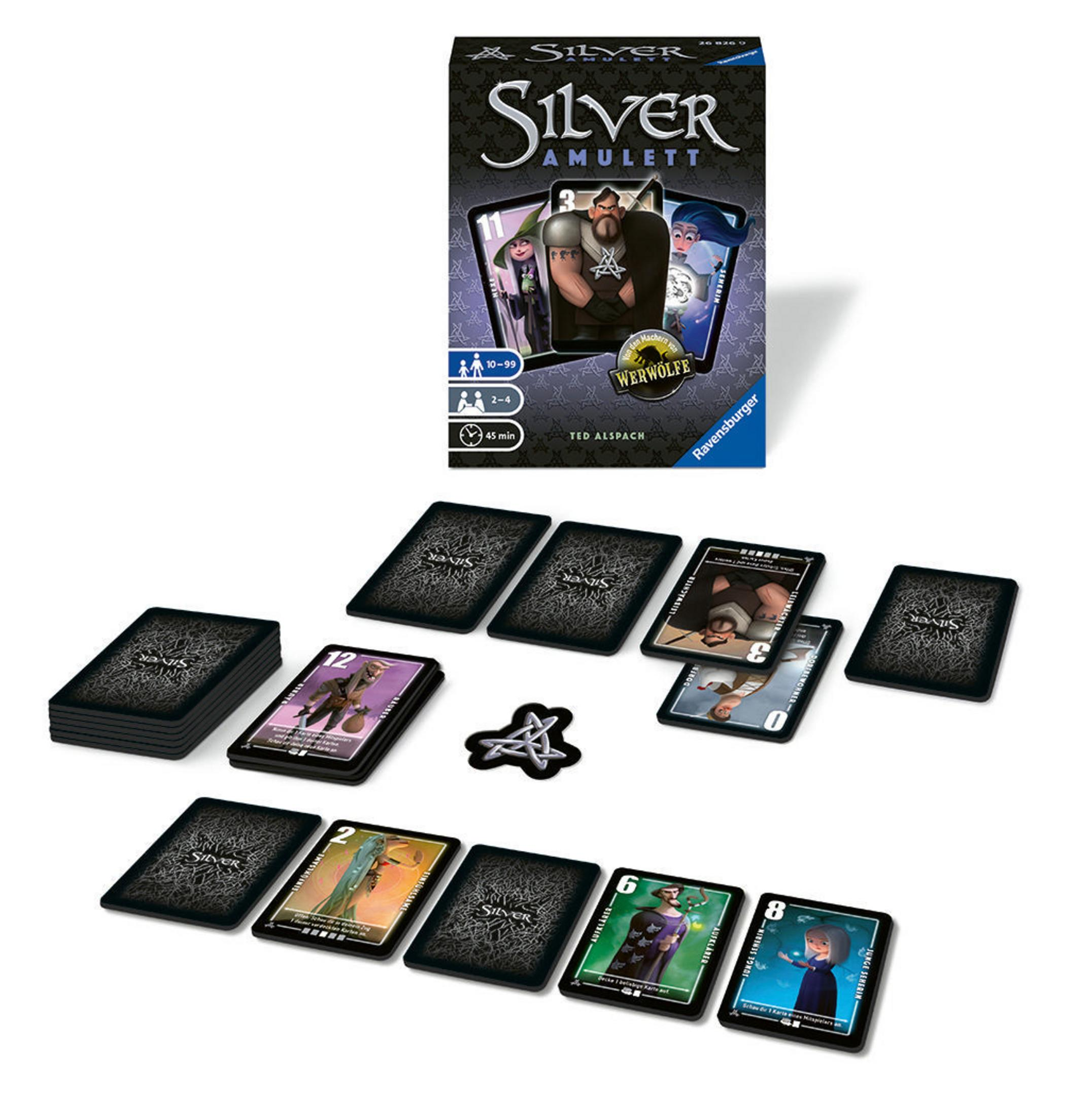 Schachtel des Brettspiels 'Silver Amulett'. Zeigt Spielkomponenten und den Namen des Spiels.