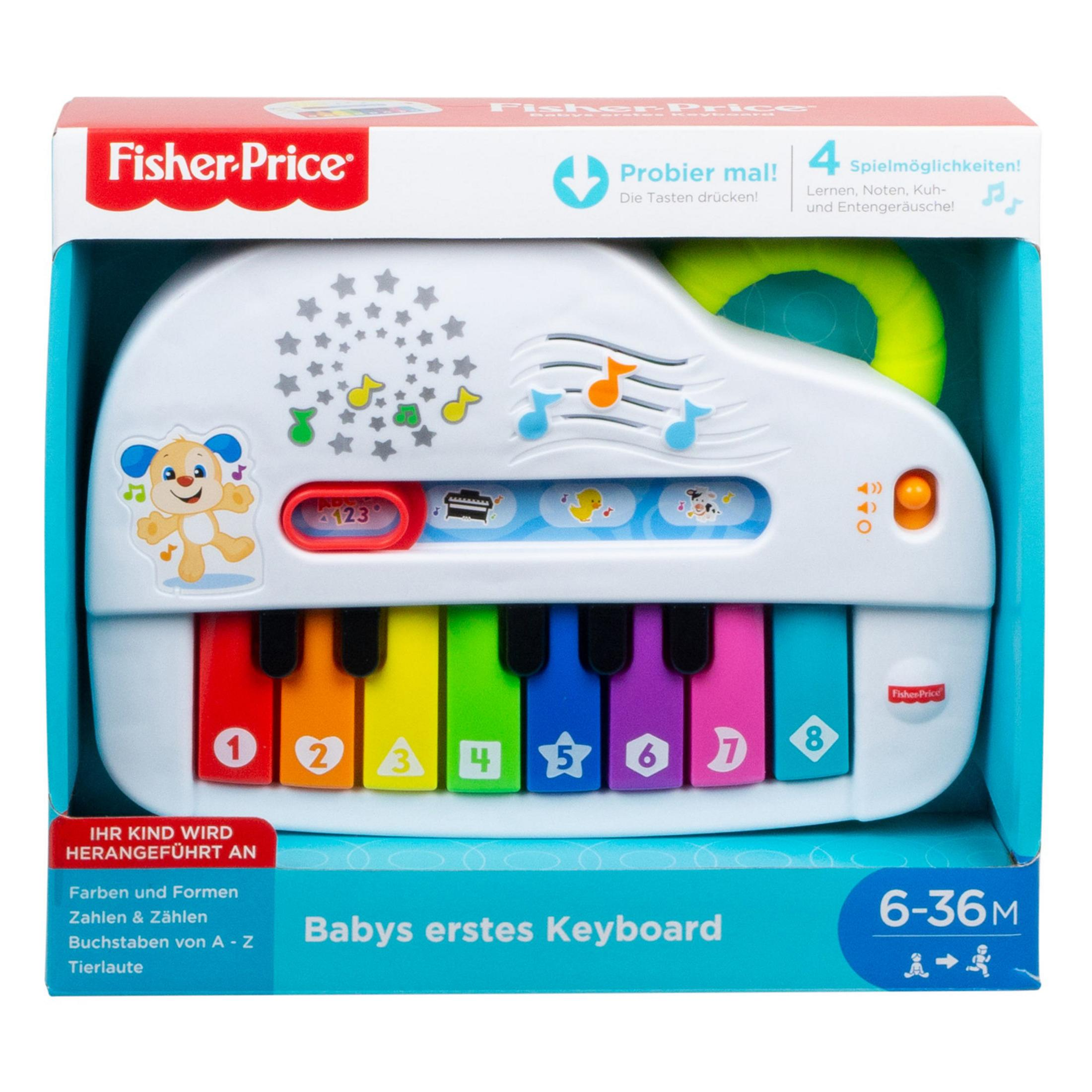 Ein Fisher-Price Spielzeugkeyboard in seiner Verpackung. Es hat bunte Tasten und Knöpfe, für Babys und Kleinkinder konzipiert.