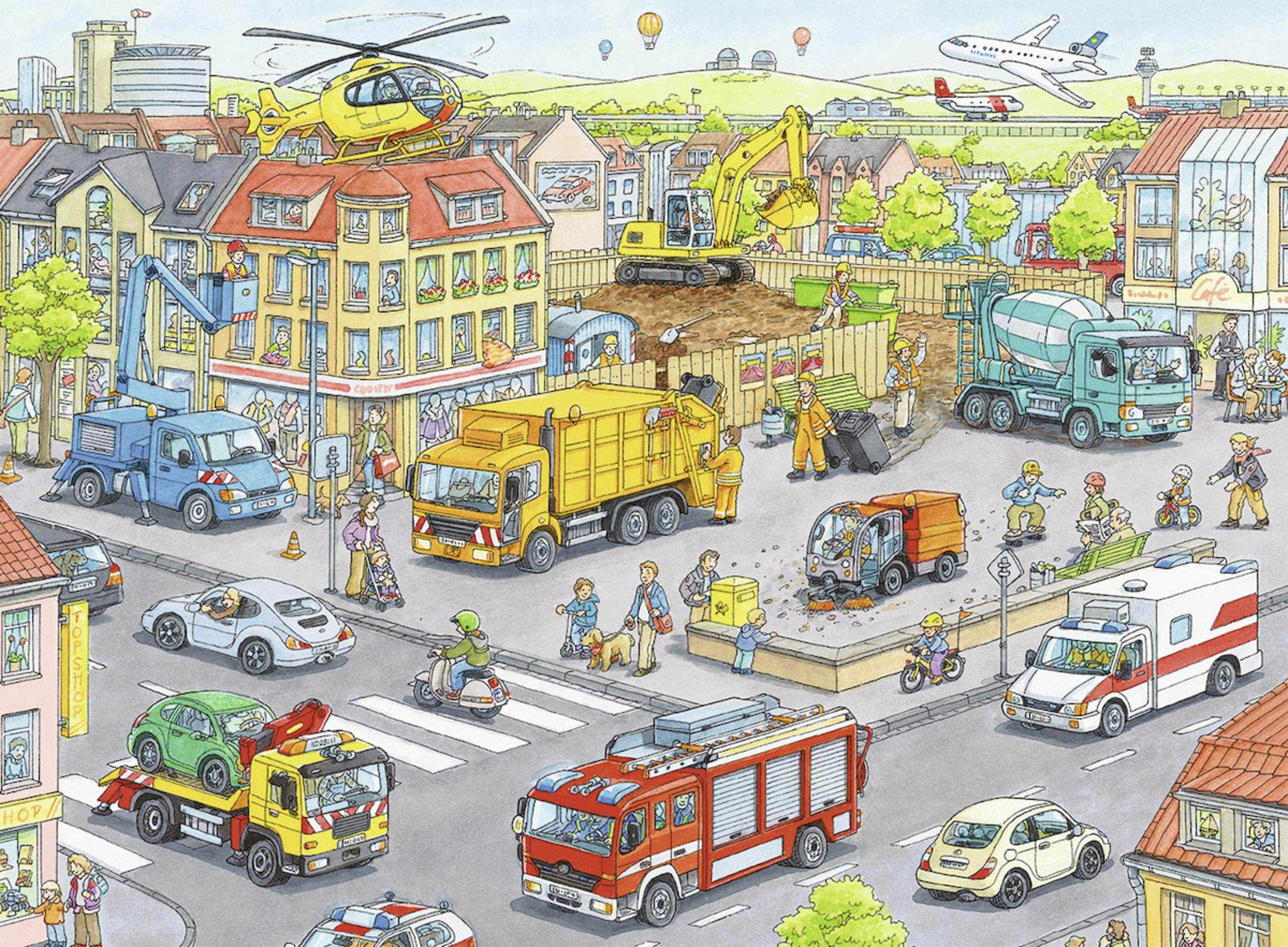 Illustrazione di una città con vari veicoli, tra cui un elicottero, un'ambulanza e un camion dei pompieri.