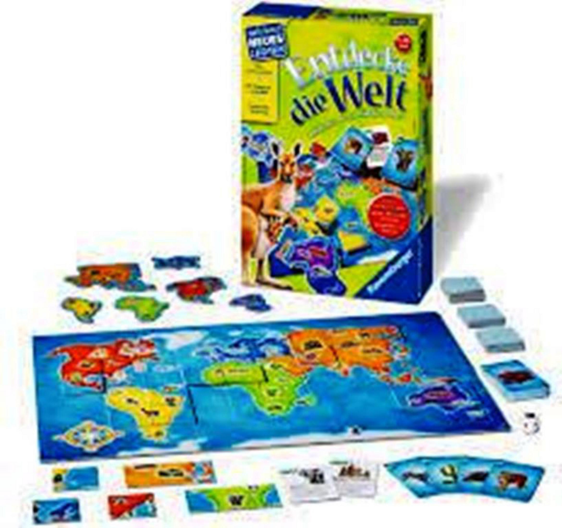 Una scatola di gioco da tavolo con una mappa e pedine. Sono visibili vari componenti del gioco.