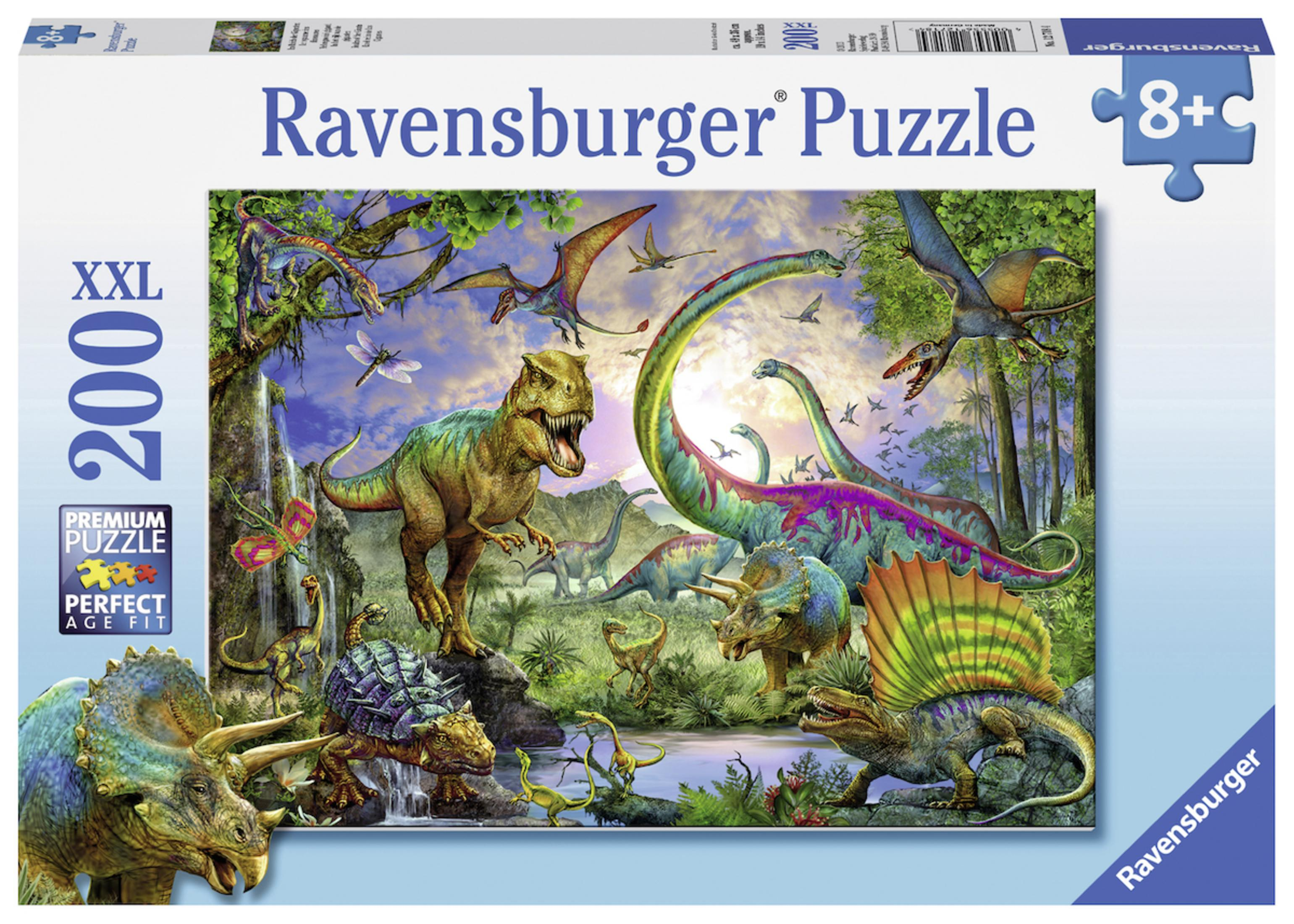Ravensburger puzzel van 200 stukjes met dinosaurussen in een prehistorische bosscène.