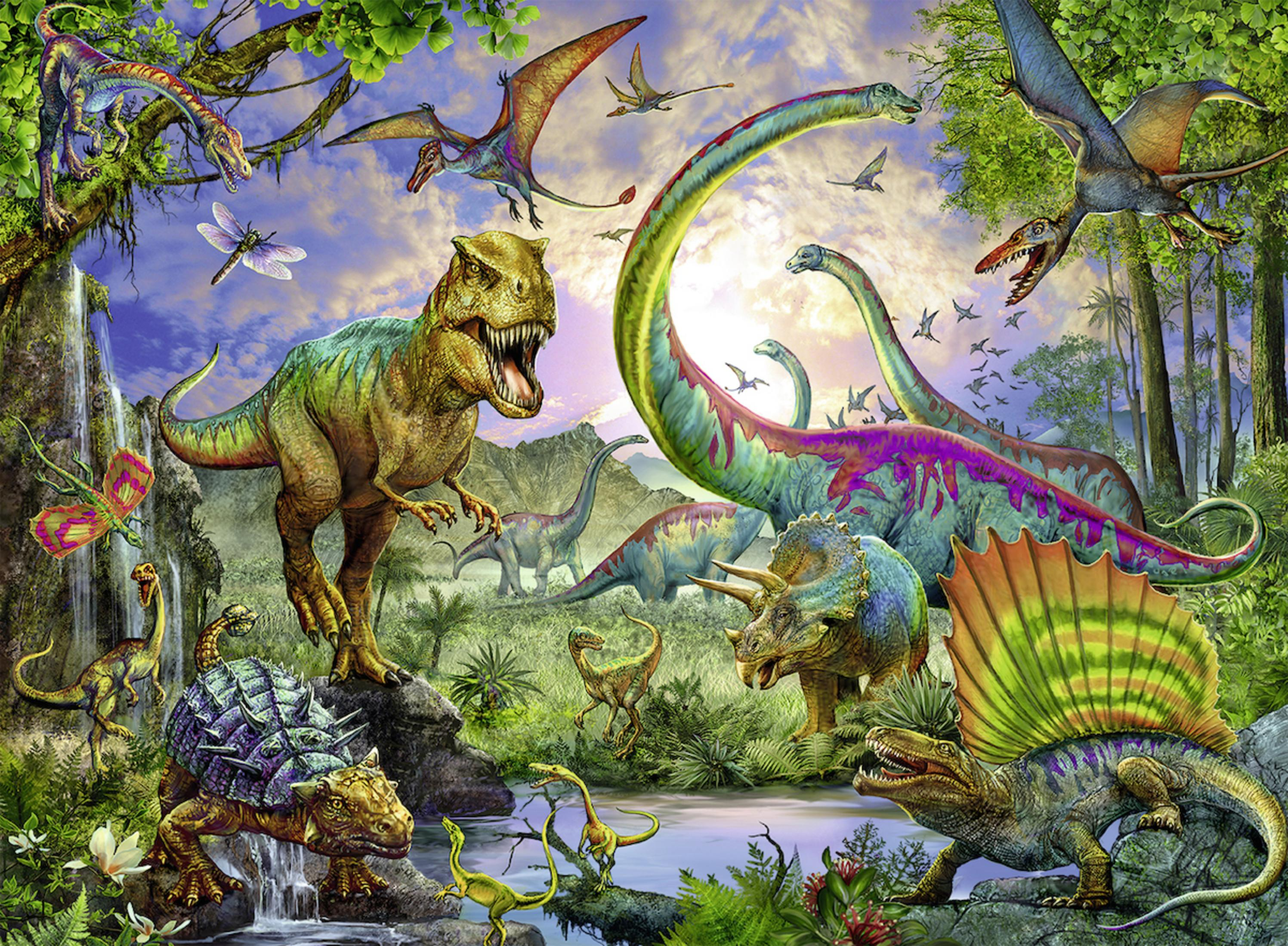 Een levendige illustratie van verschillende dinosaurussen in een prehistorisch landschap met vegetatie en lucht.