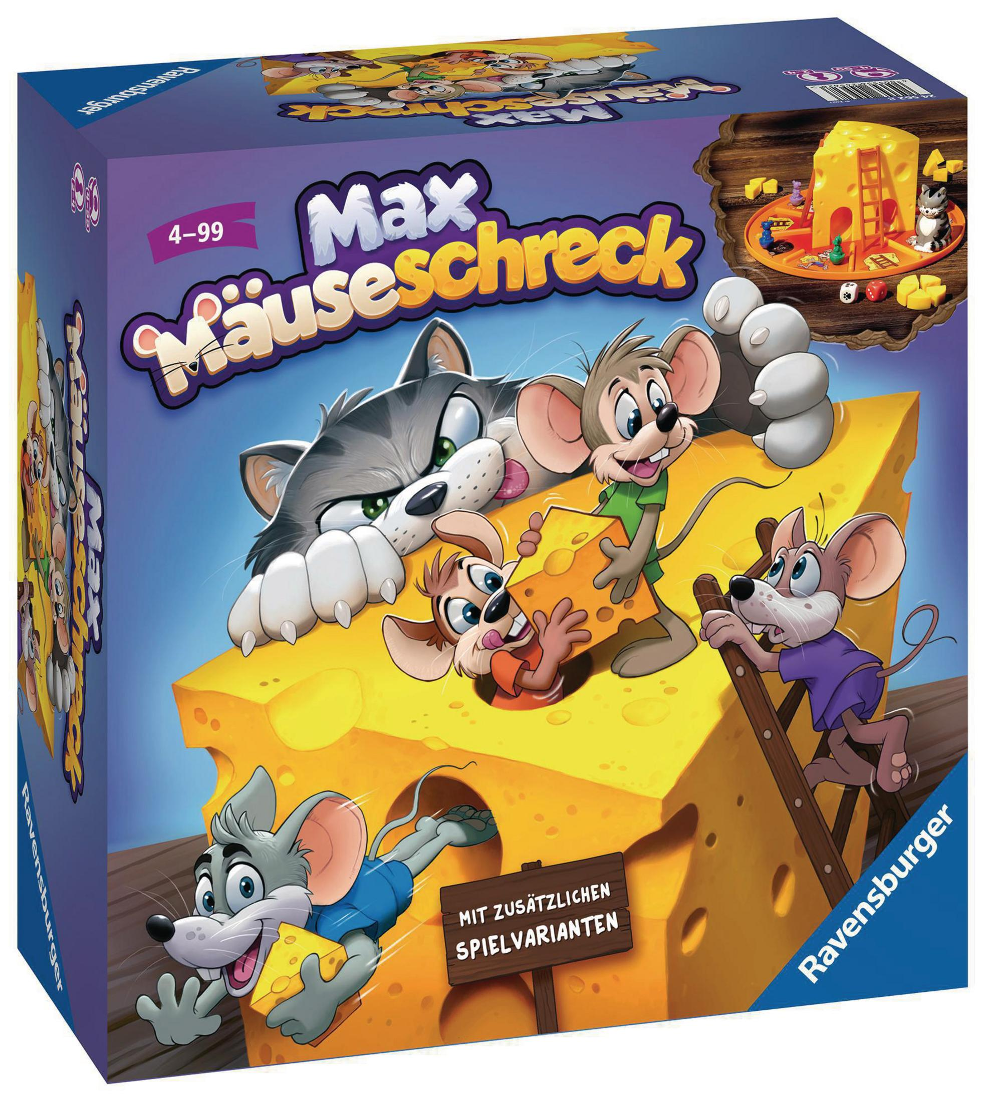 Scatola di un gioco da tavolo con topi dei cartoni animati e un gatto. Il gioco si chiama Max Mäuseschreck.
