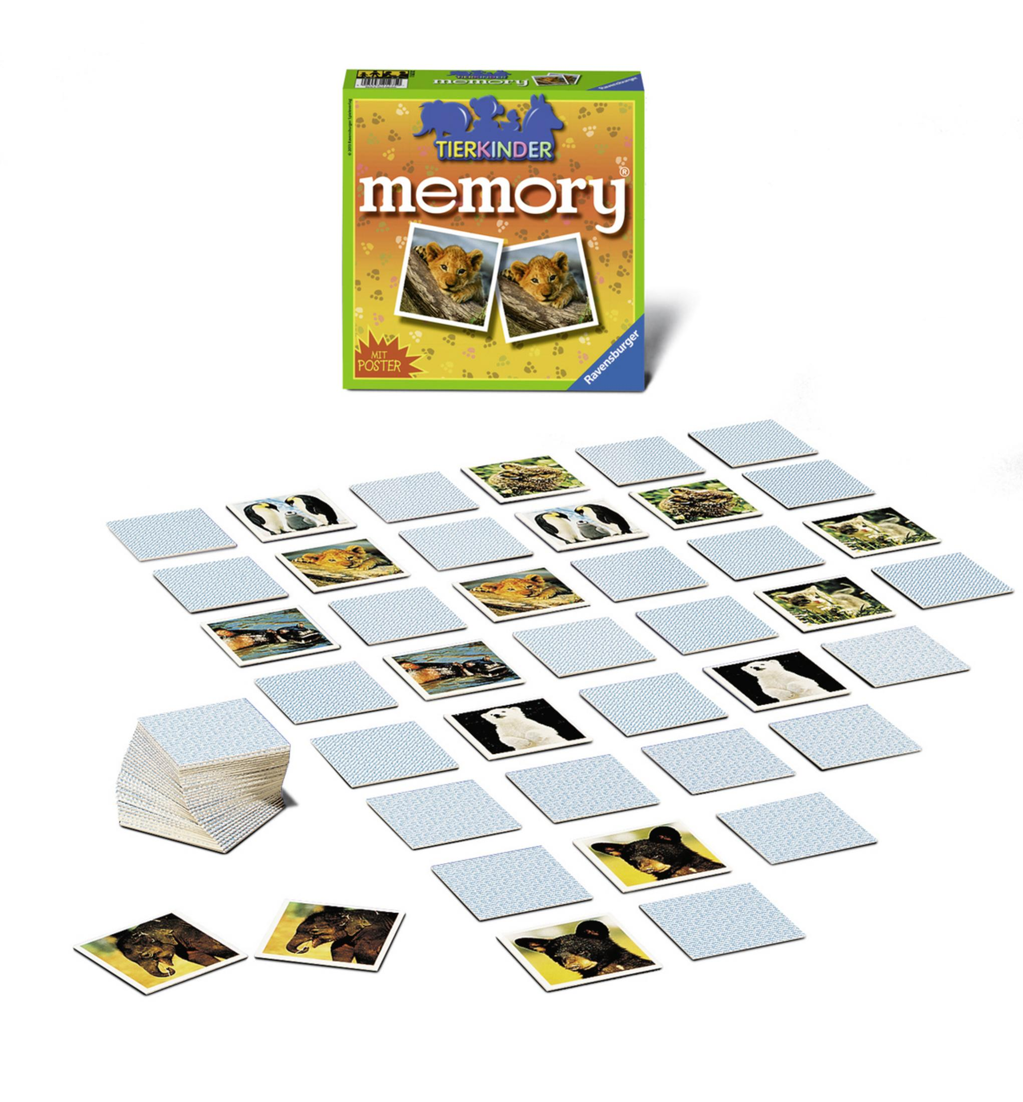 Memory-Spielset mit Box und vielen Karten. Die Karten zeigen Tierbilder.