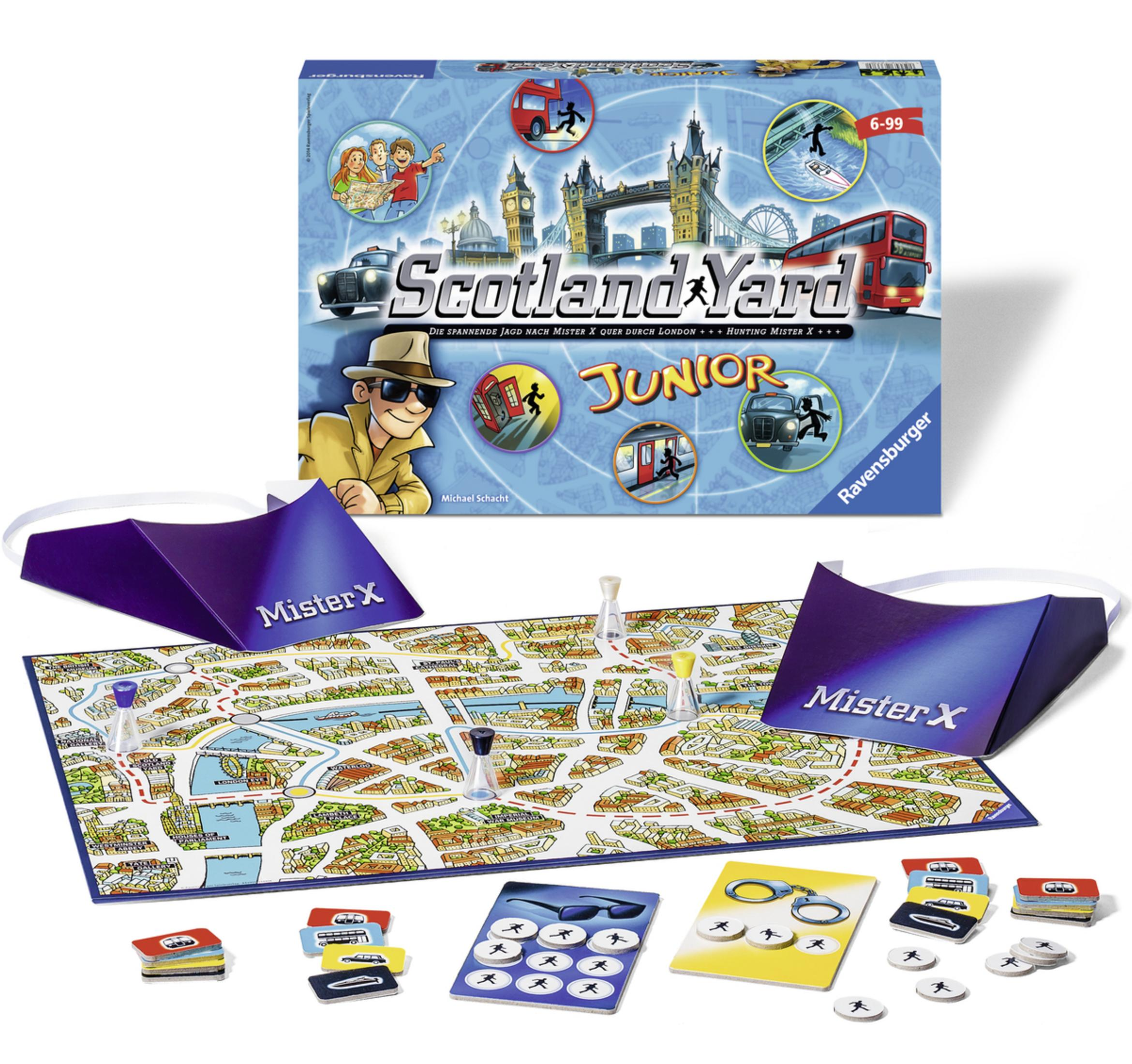 Brettspielbox: Scotland Yard Junior. Die Box zeigt eine Stadtszene mit Spielplan und Figuren.