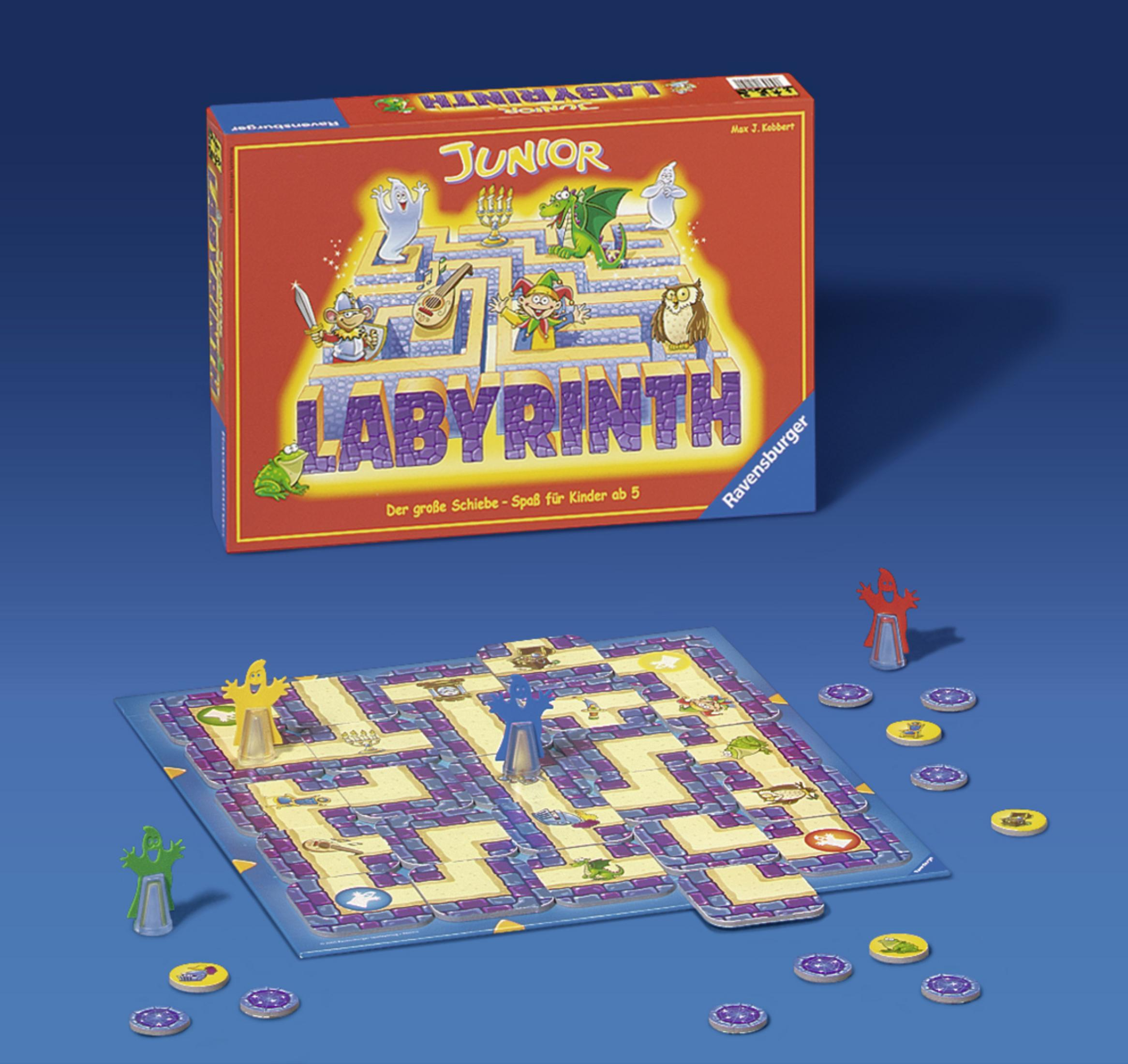 Junior Labyrinth Spielbox und Spielbrett mit Labyrinth und Spielsteinen auf blauer Oberfläche.