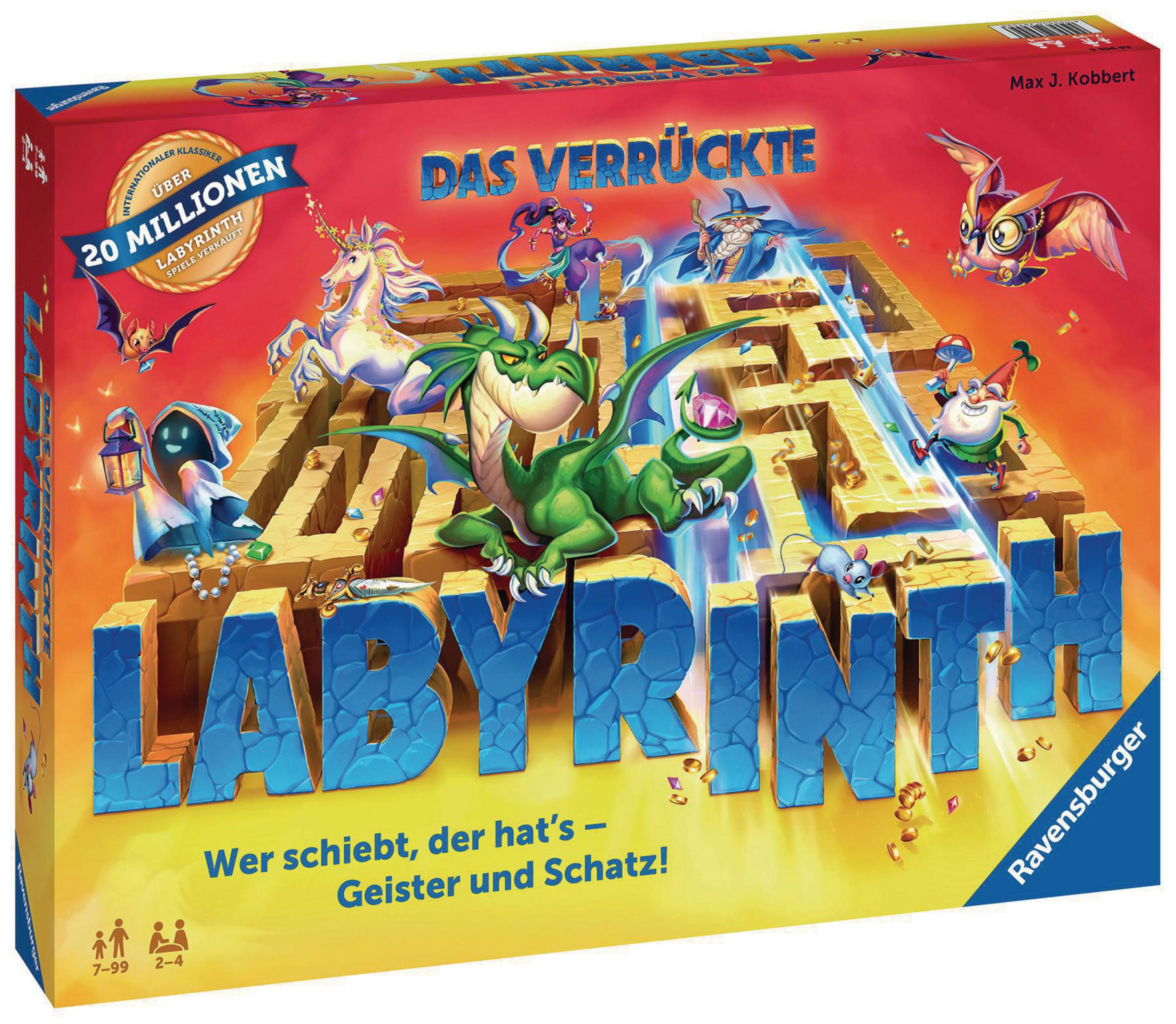 Eine farbenfrohe Brettspielbox mit dem Titel 'Labyrinth', die ein Labyrinthdesign und Zeichentrickfiguren zeigt.