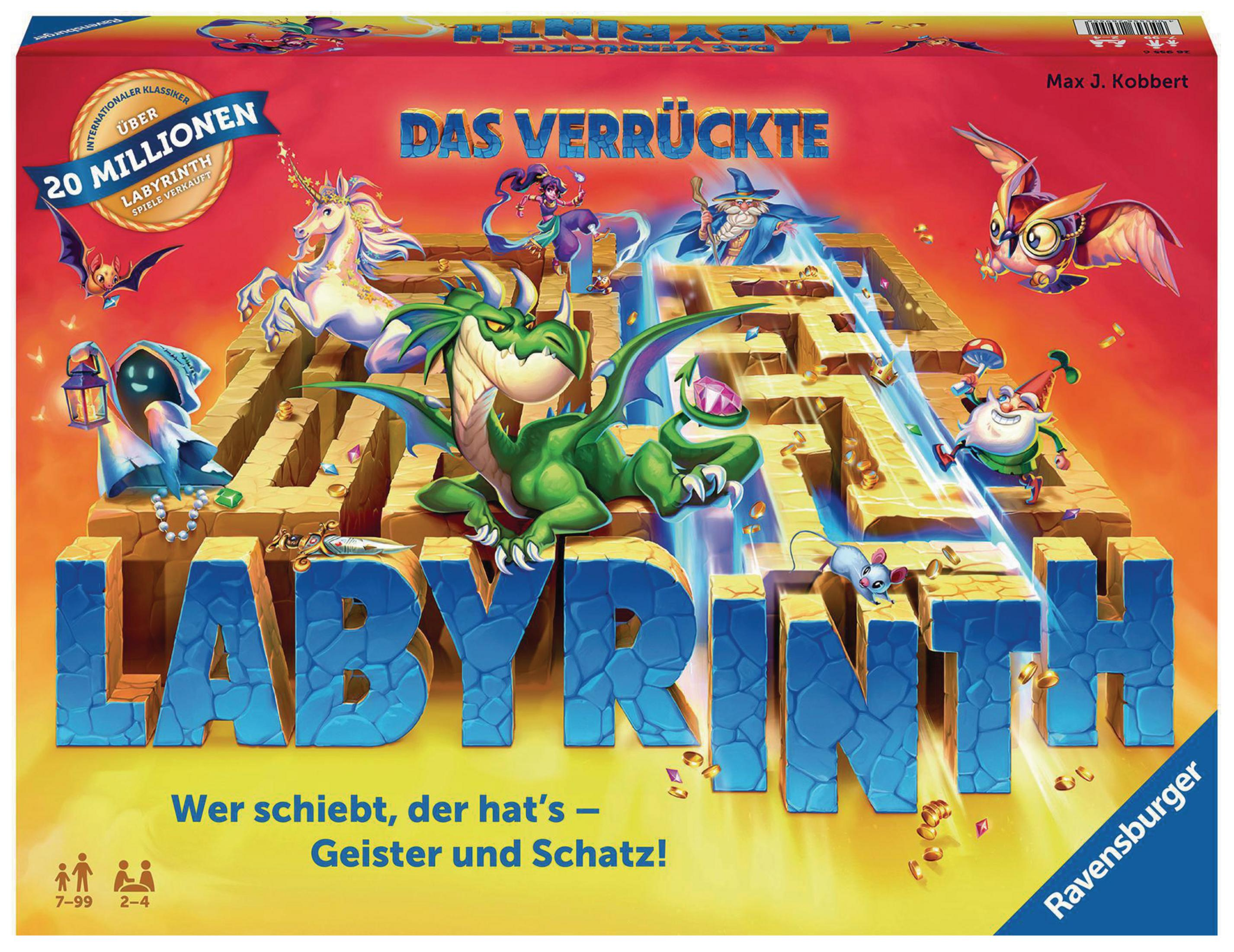 Das Verrückte Labyrinth-Brettspielbox, mit Drachen, Geistern und Labyrinth-Kacheln.