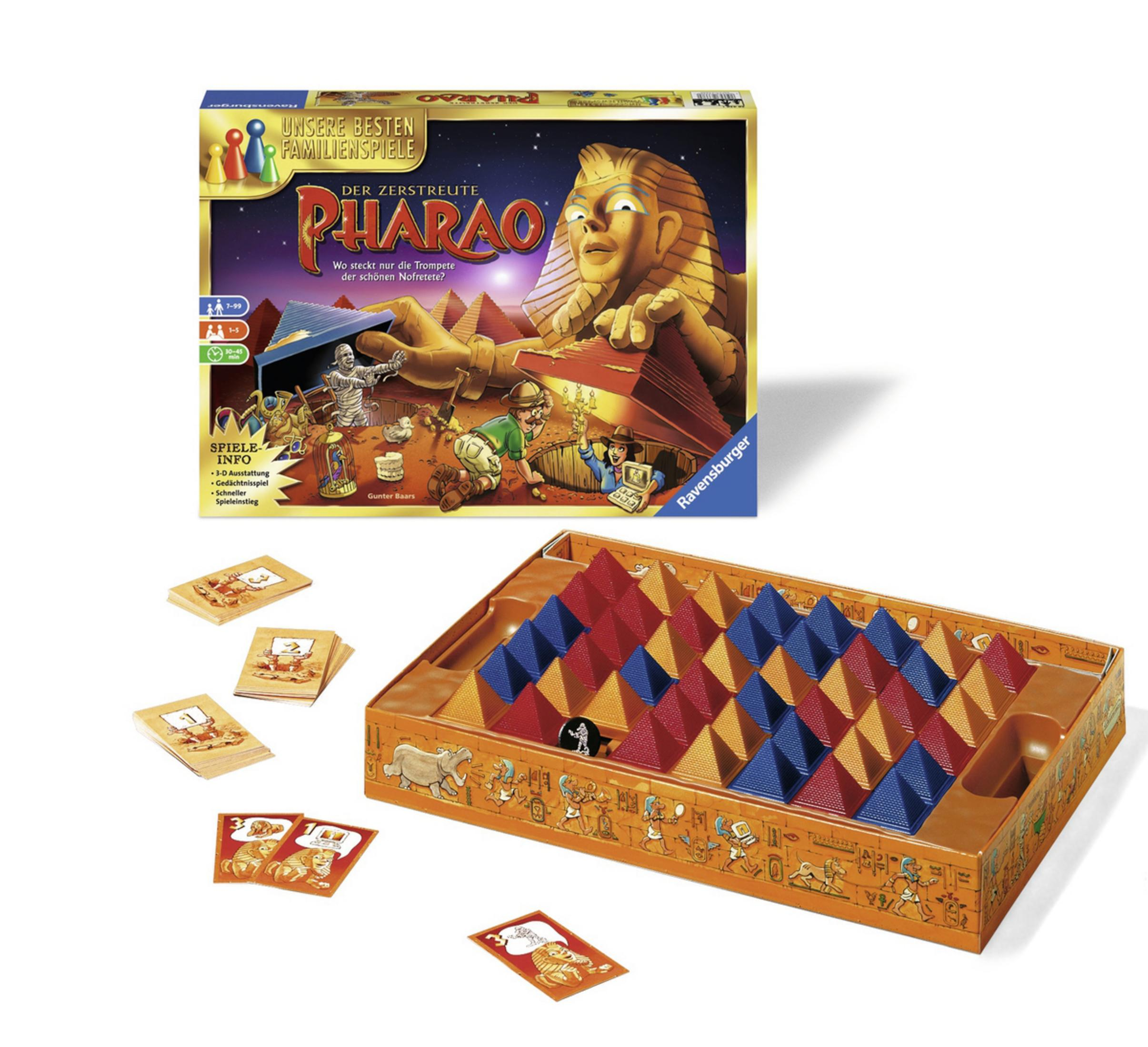 Brettspielbox mit Pyramiden-Spielbrett, Karten und Box-Art. Das Spiel trägt den Titel 'Pharao'.