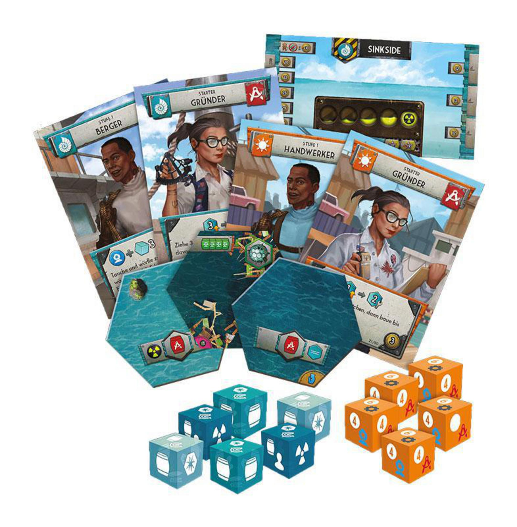Karten und Spielsteine auf einer Oberfläche, mit Bildern von Personen und Spielsymbolen.