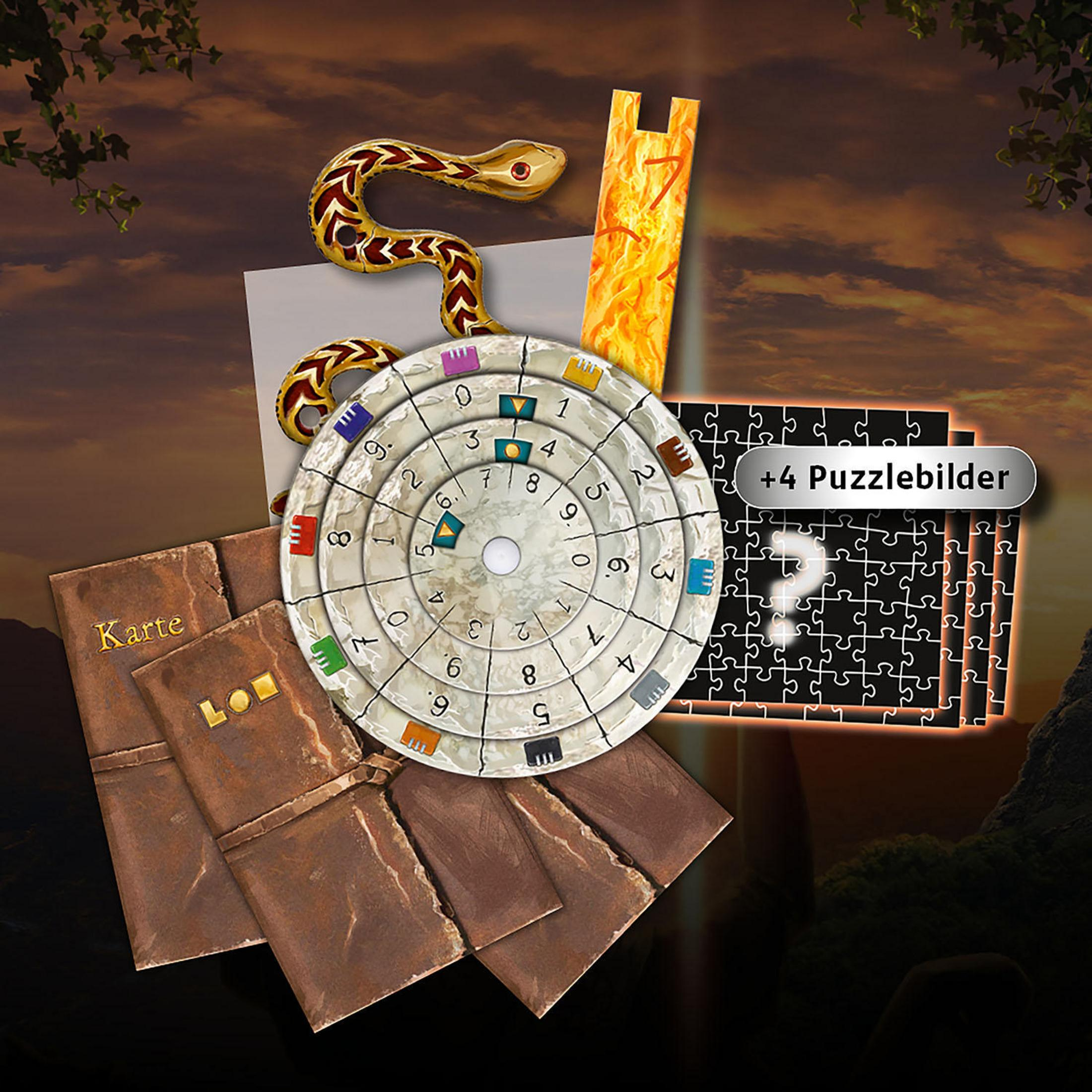 Eine Puzzle-Box mit Puzzleteilen, einer goldenen Schlange und einem kreisförmigen Spielbrett.
