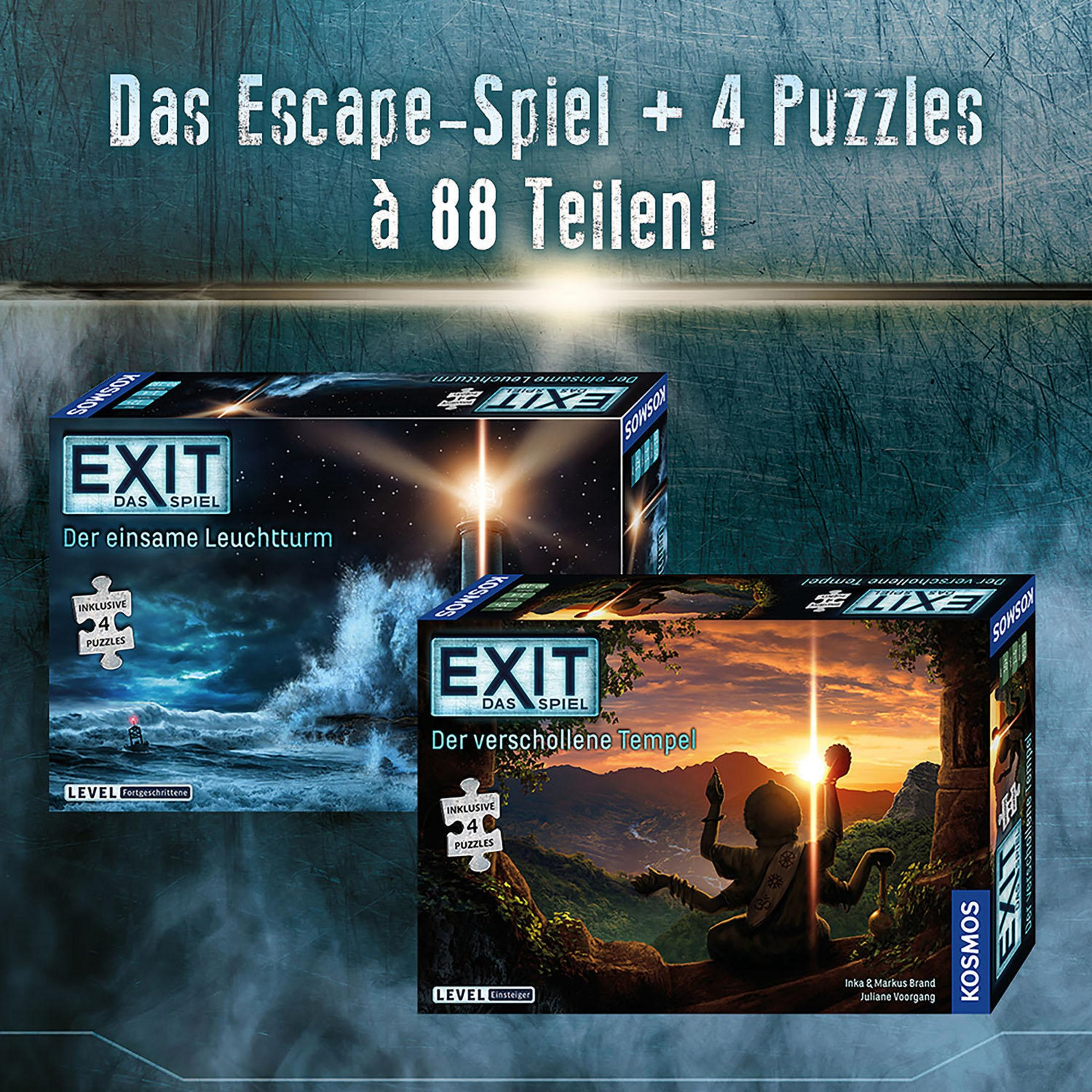 Zwei EXIT-Brettspielboxen mit Bildern eines Leuchtturms und eines Tempels. Der Text ist auf Deutsch.
