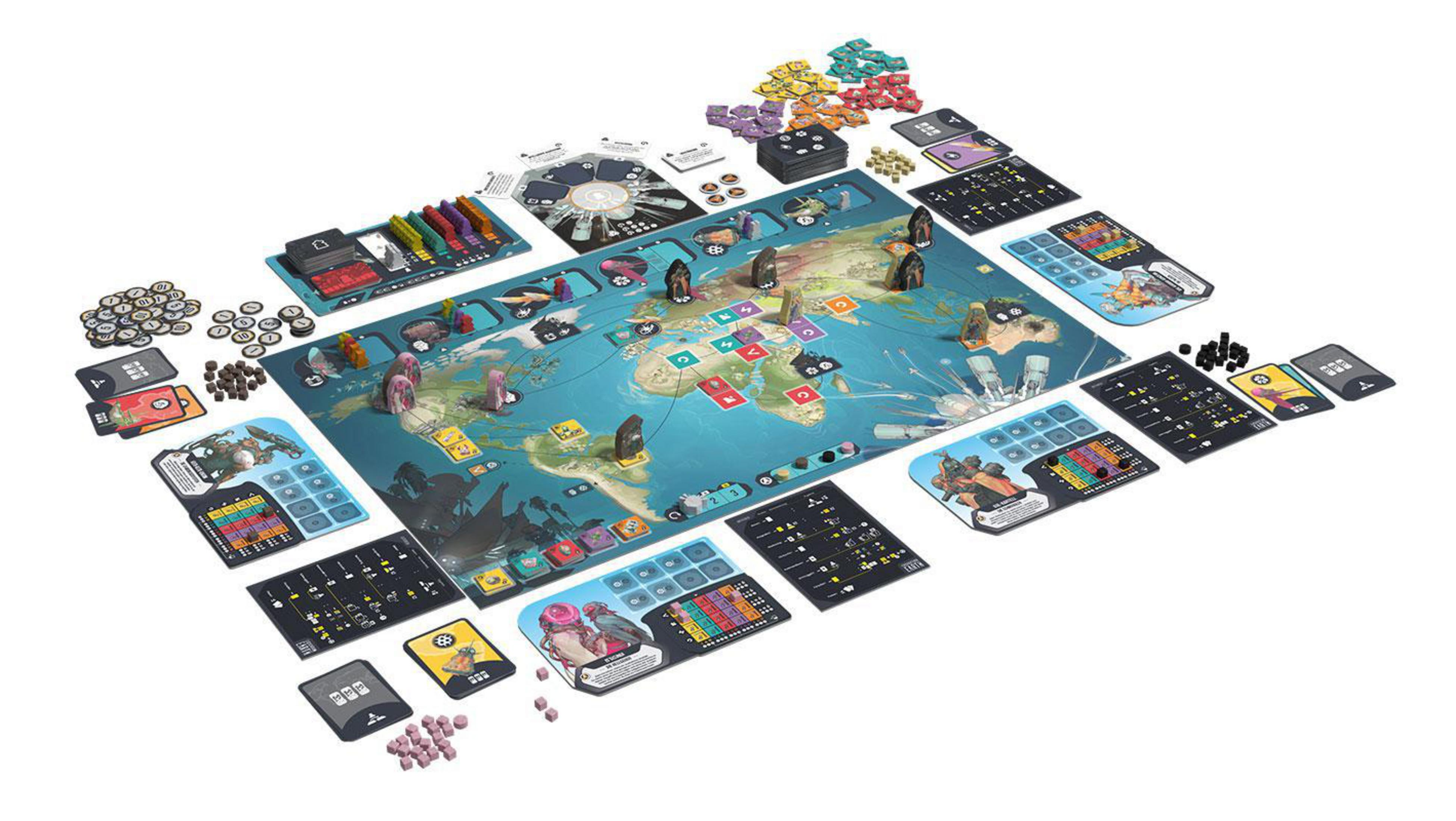 Ein Brettspiel, das mit einer Weltkarte, Spielsteinen und verschiedenen Karten auf einer weißen Oberfläche aufgebaut ist.